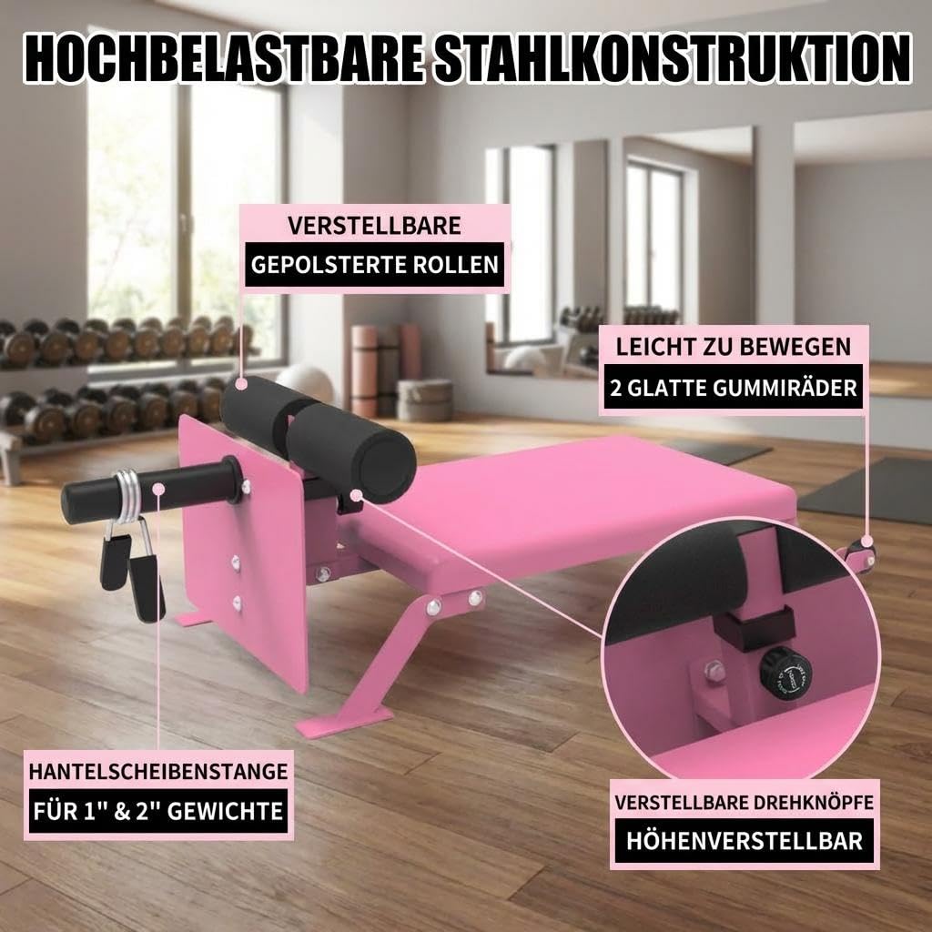 Banco de curl nórdico ajustable, Nordic Hamstring Trainer Heavy Duty, banco nórdico con marco de acero, ruedas y acolchado grueso, soporta hasta 204 kg, para discos de pesas de 25 mm y 50 mm, gimnasio