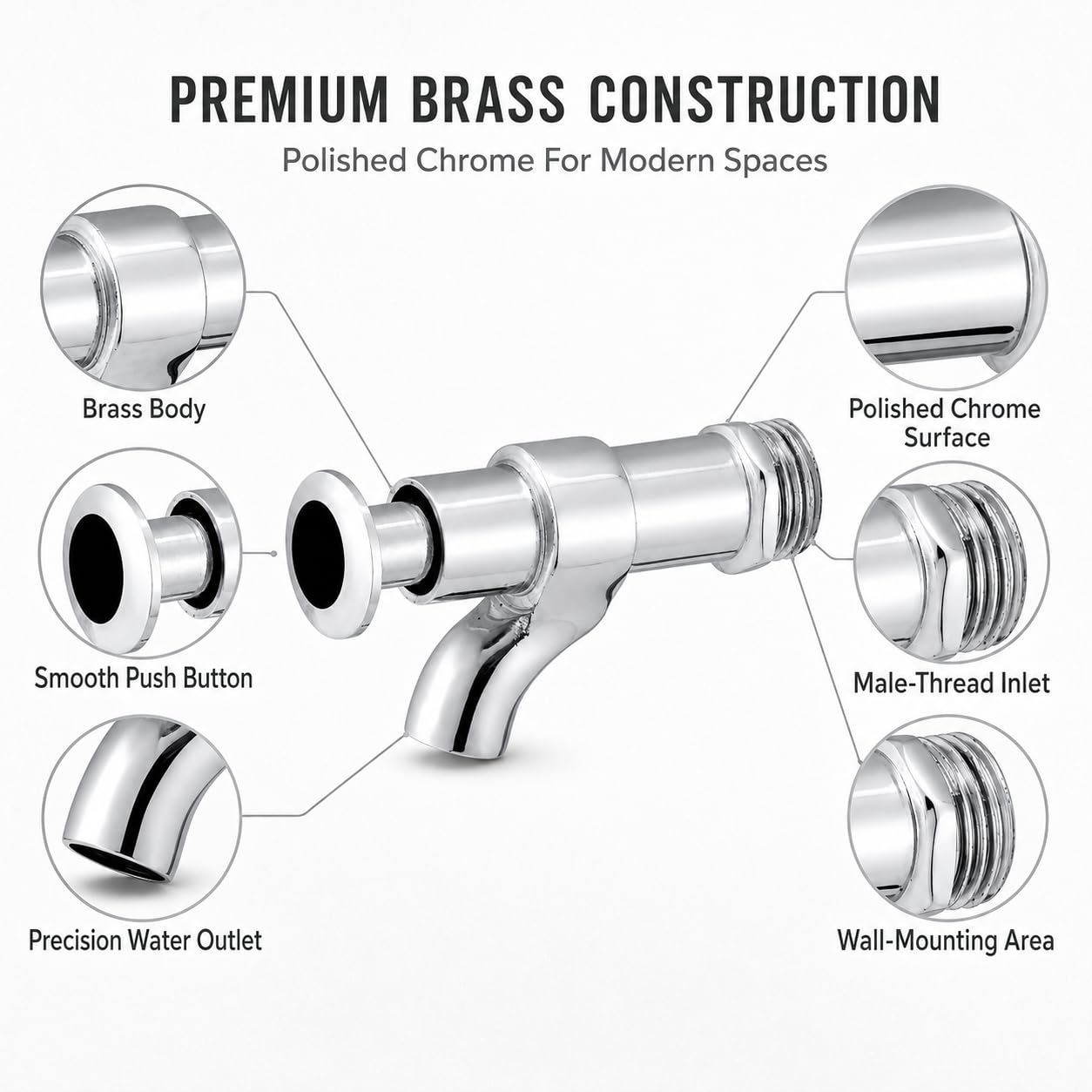 ZAP Chrome Brass Push Tap - Self-Closing Water Tap -6 ZAP Chrome Brass Push Tap - Self-Closing Water Tap -6