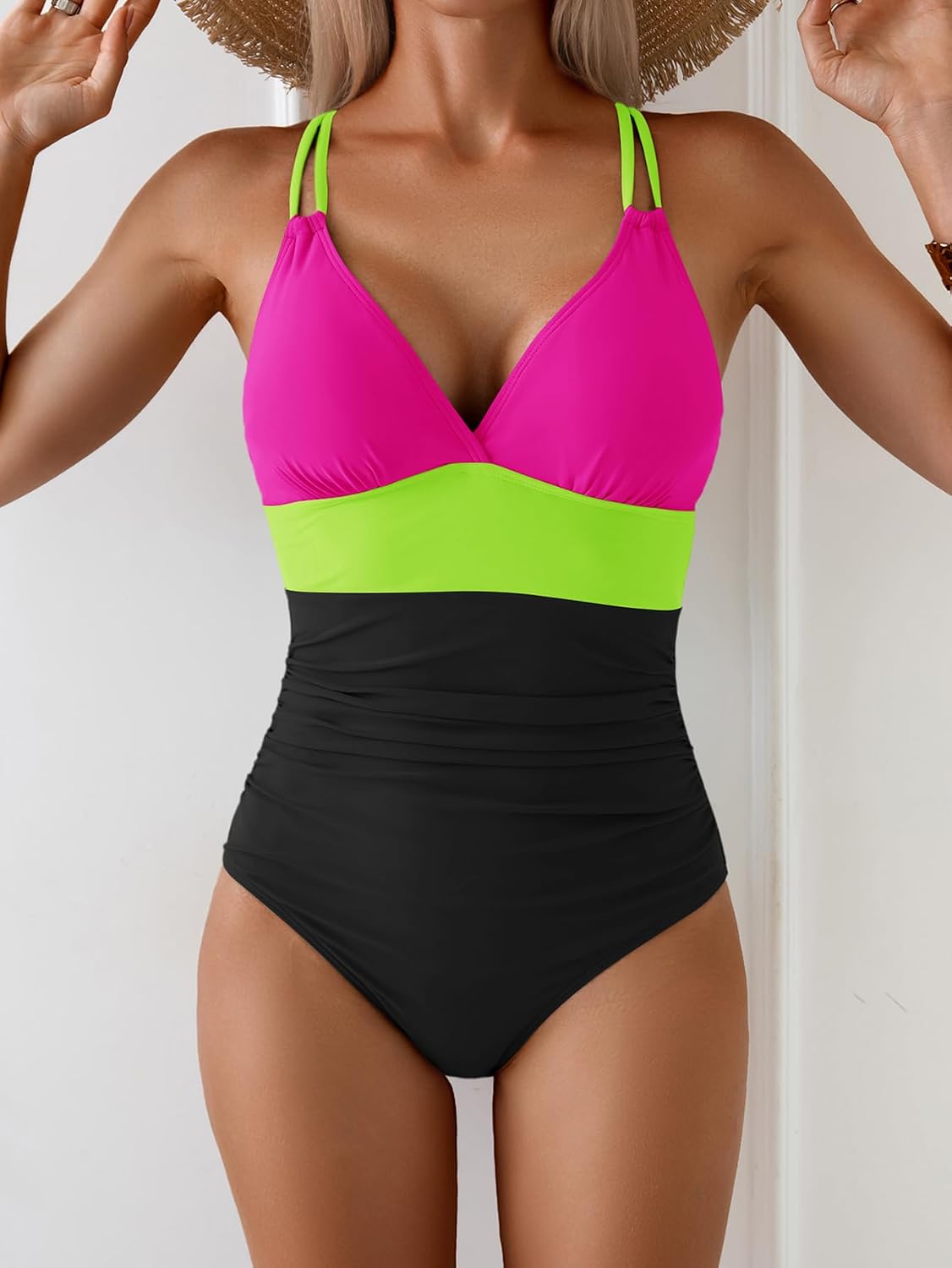 Aidonger Women's One Piece Color Block Swimsuit Tummy Control Slimming Bathing Suit V Neck Cutout High Waisted Swimwear