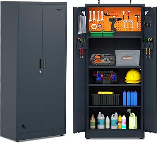 Metal Storage Cabinet with Doors, Lockable Garage Tool Storage Cabinet with Adjustable Shelves and Feet, 71" Large Steel Cabinet for Kitchen, Bedroom, Office, School, Industrial(Dark Grey)
