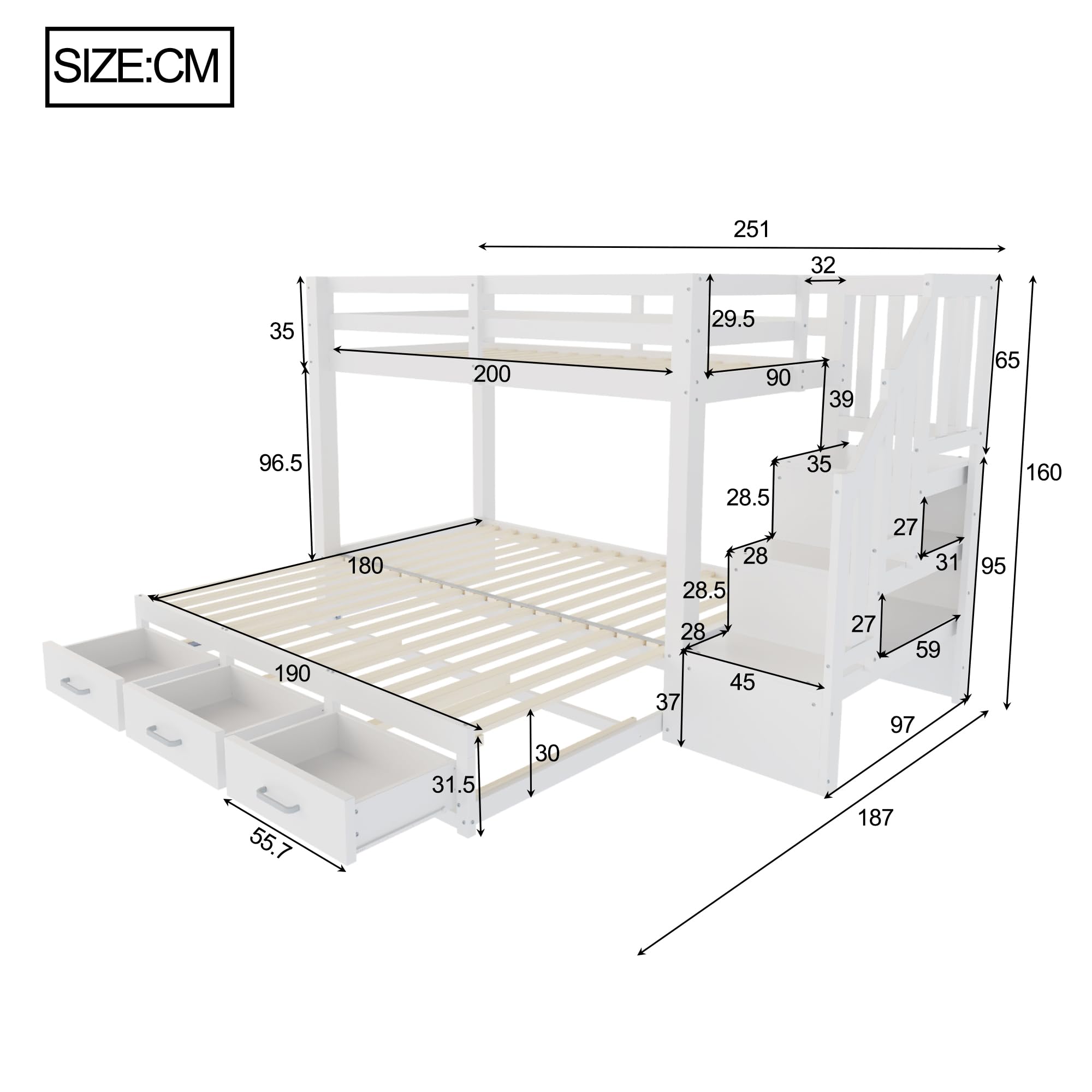 Litera de 90x200 cm con Cama Nido para 2 Personas, Cama Litera Matrimonio con 3 Cajones y Escalera Almacenaje, Cama Infantil Literas con Barandilla Anticaída y Lamas Madera, Sin Colchón, Blanco