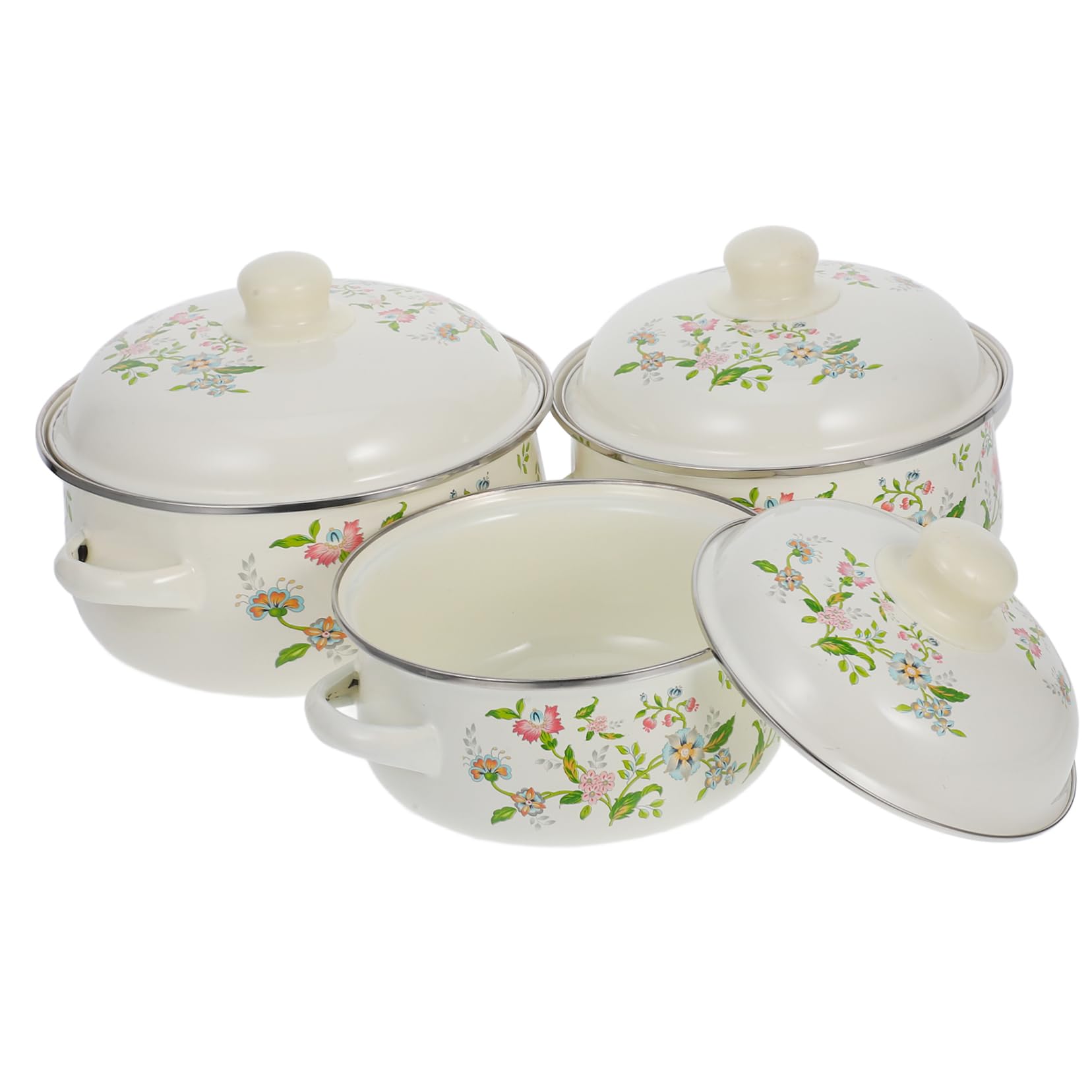 UTHCLO 3pcs Enamel Mini Soup Pot Set - Stew Pot, Braiser Pan, Sauce Pan With Lid - Stovetop Casserole Cooking Pans, Retro Floral Cookware - Beige