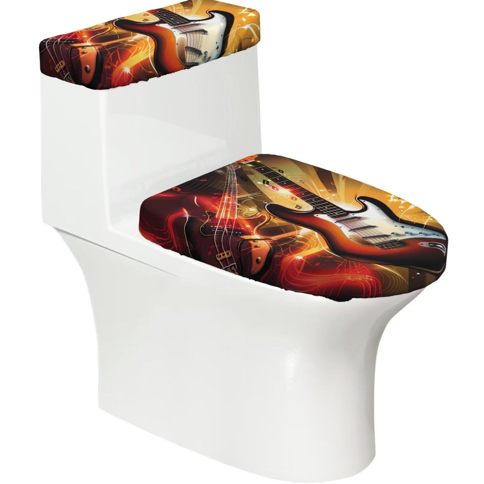 X Psblty Guitar Bass Music Musical Instruments Toilet Seat Cover Set 2 Piece Bathroom Decor Toilet Lid Cover With Tank Top Cover Stretch Fit Soft Fabric For Home 15-21 Inch