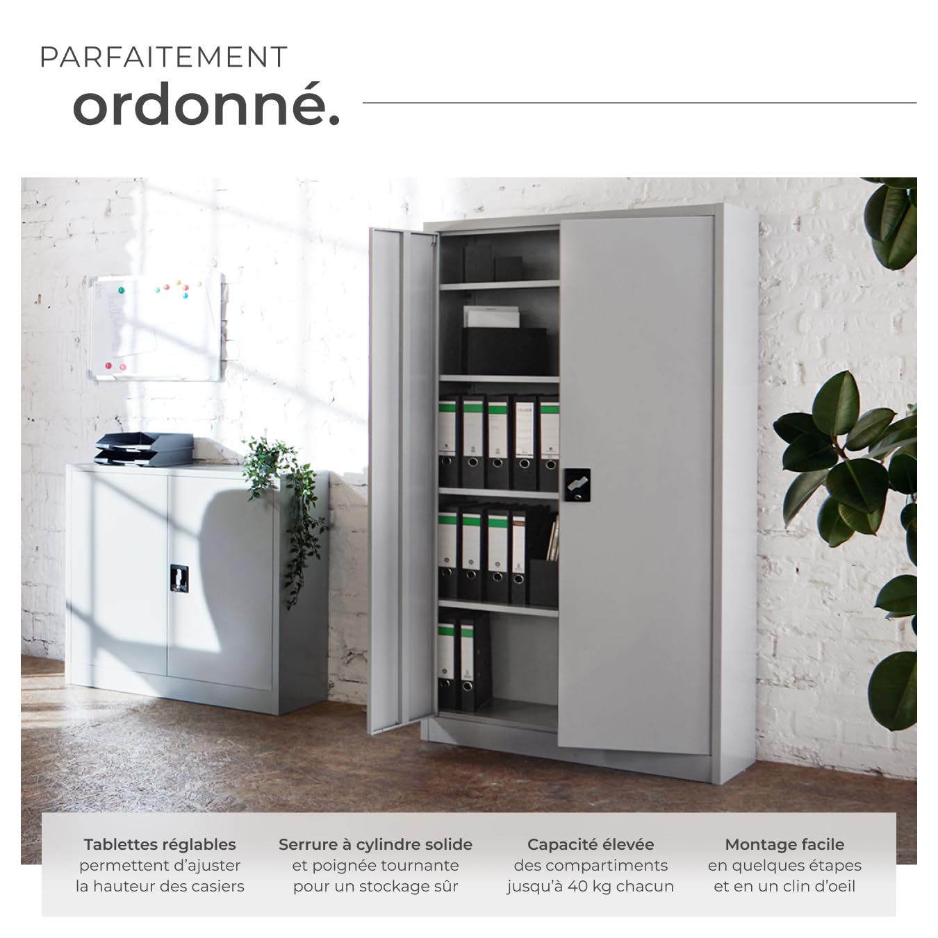 tectake® Armoire de Bureau métallique 140x90x40 cm avec Serrure Rangement Bureau avec 4 Compartiments pour Classeur Rangement Documents Industriel Meuble 2 Portes, 3 Étagères Réglables en Hauteur