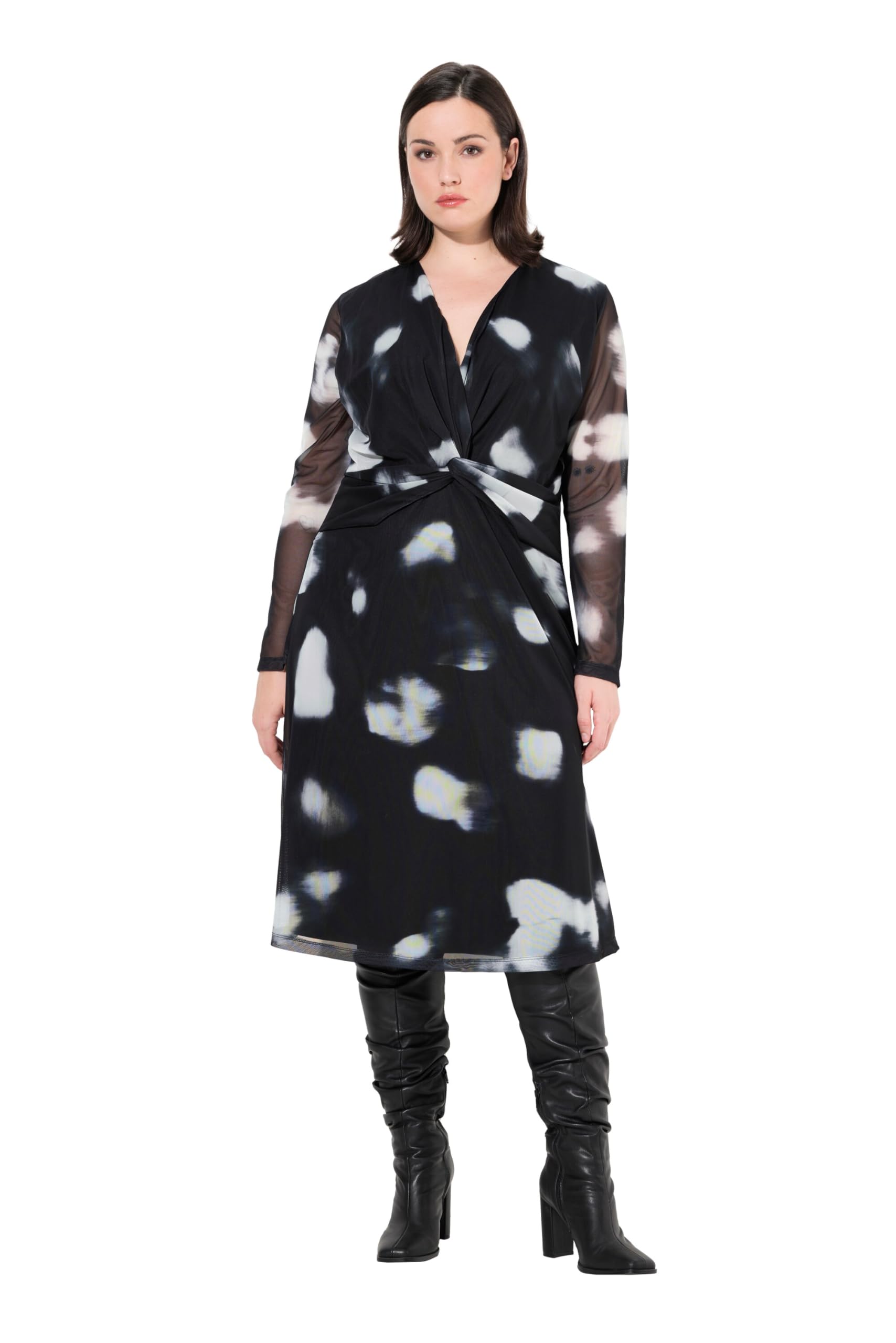 Ulla Popken Damen große Größen Übergrößen Plus Size Meshkleid, doppellagig, Punkte, V-Ausschnitt, Langarm 834886