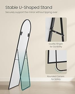 SONGMICS Full Length Mirror, 63 x 19.7 Inches, Arched Full Body Mirror with Stand, Aluminum Alloy Frame Floor Mirror, Tempered Glass, for Bedroom, Living Room, Cloakroom, Ink Black ULFM031B01