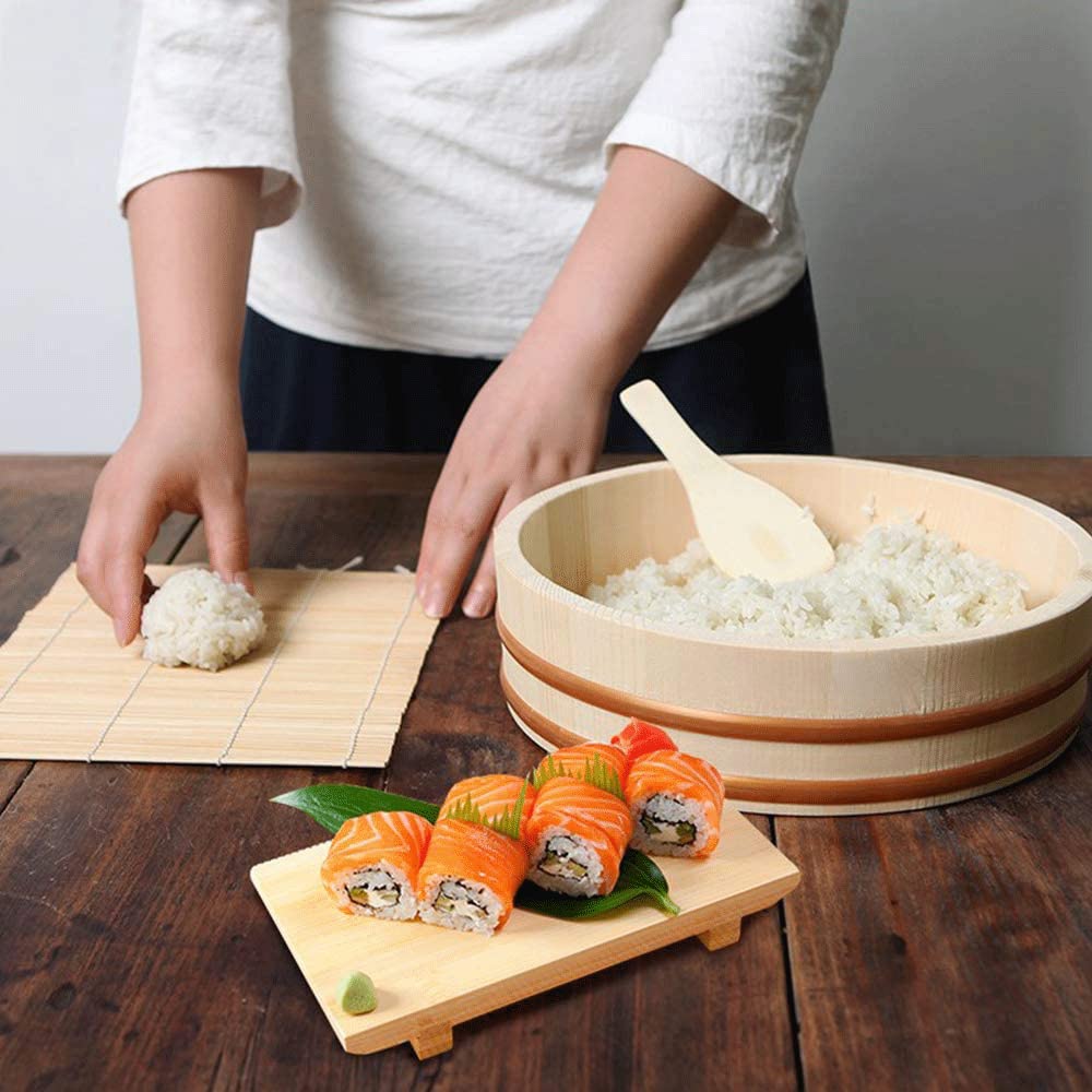 WINIAER Hangiri Wooden Sushi Rice Bowl, Sushi Oke Sushi Rice Mixing Tub with Sturdy Copper Bands, Great Copper Mixing Bowl Sushi Bucket for Cooking (10.6icnh)