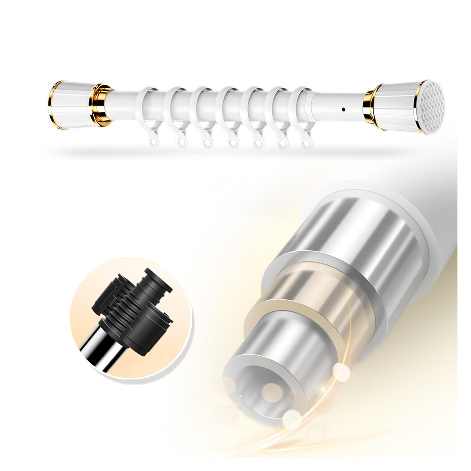 WQPMNYG Adjustable Tension Rod, No Drill Extendable Curtain Pole for Shower & Closet, Teles Clothes Rail with 20 Curtain Rings, Ideal for Bathroom & Bedroom Use