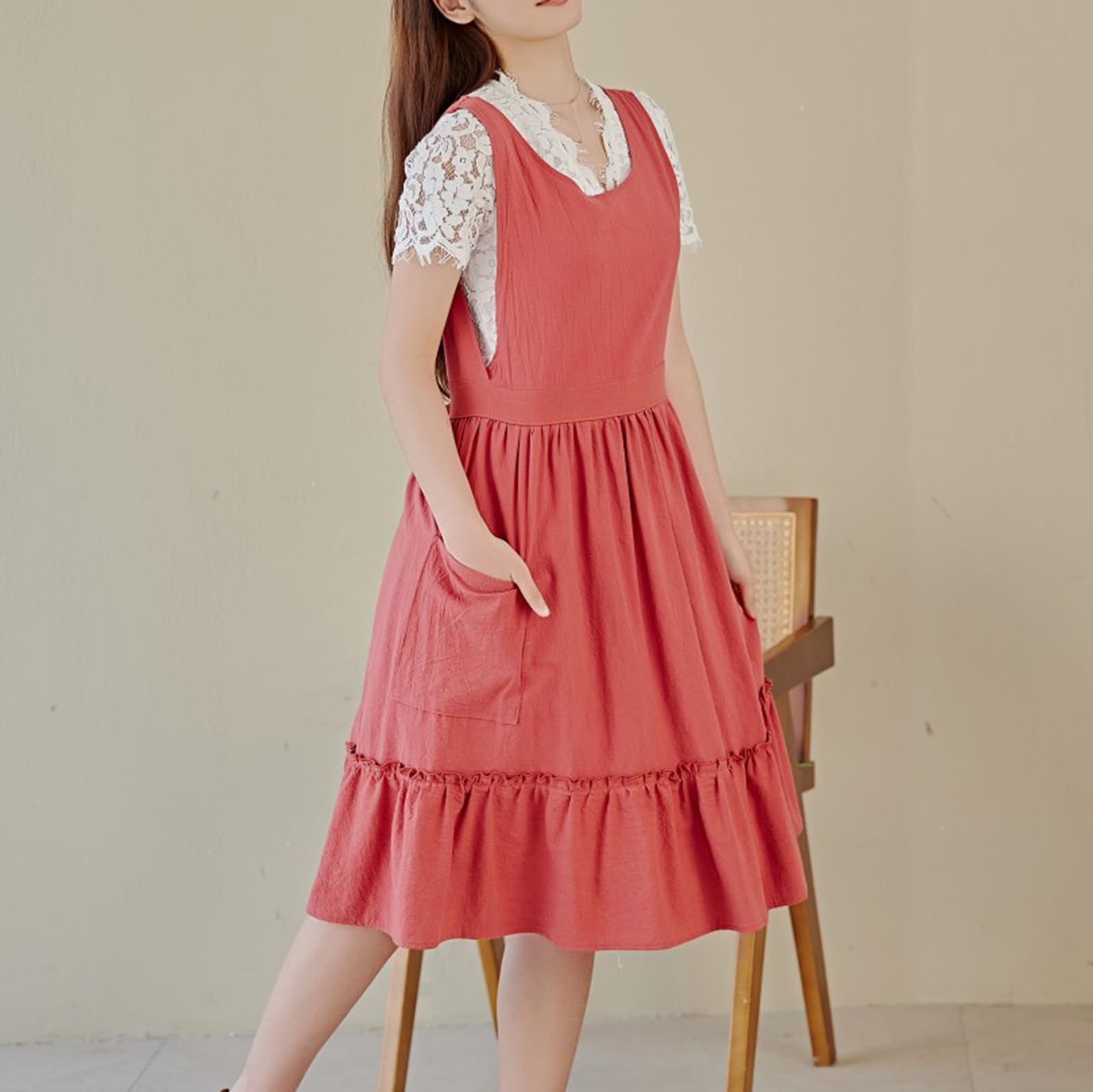 Mujer Algodón Delantales Estilo Japones Vendaje Cruzado Delantal Literatura Arte Tienda Ropa por Mujeres Hombres Cocinando Cocina Red,One Size