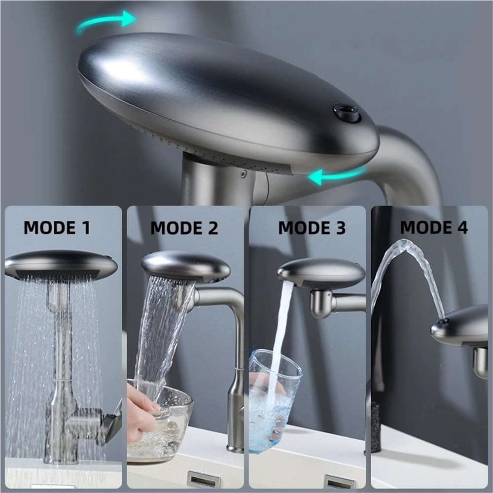 QHQQXN Obrotowy kran wodospadowy 360° – 4-funkcyjny spryskiwacz strumieniowy, bateria mieszająca ciepłą i zimną wodę do zlewu w łazience – eleganckie srebrne wykończenie, wielofunkcyjna konstrukcja
