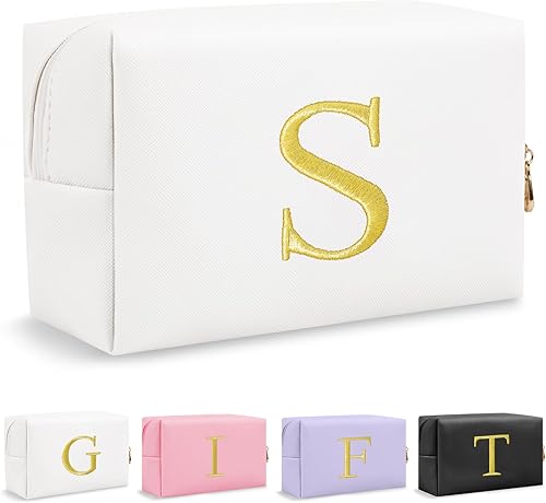 Miniatura 16 de Bolsa de Maquillaje con Inicial de Regalo Personalizado, Bolsa de Cosméticos Preppy con Letra Bordada Dorada, Rellenos de Calcetín para Chicas Blanco
