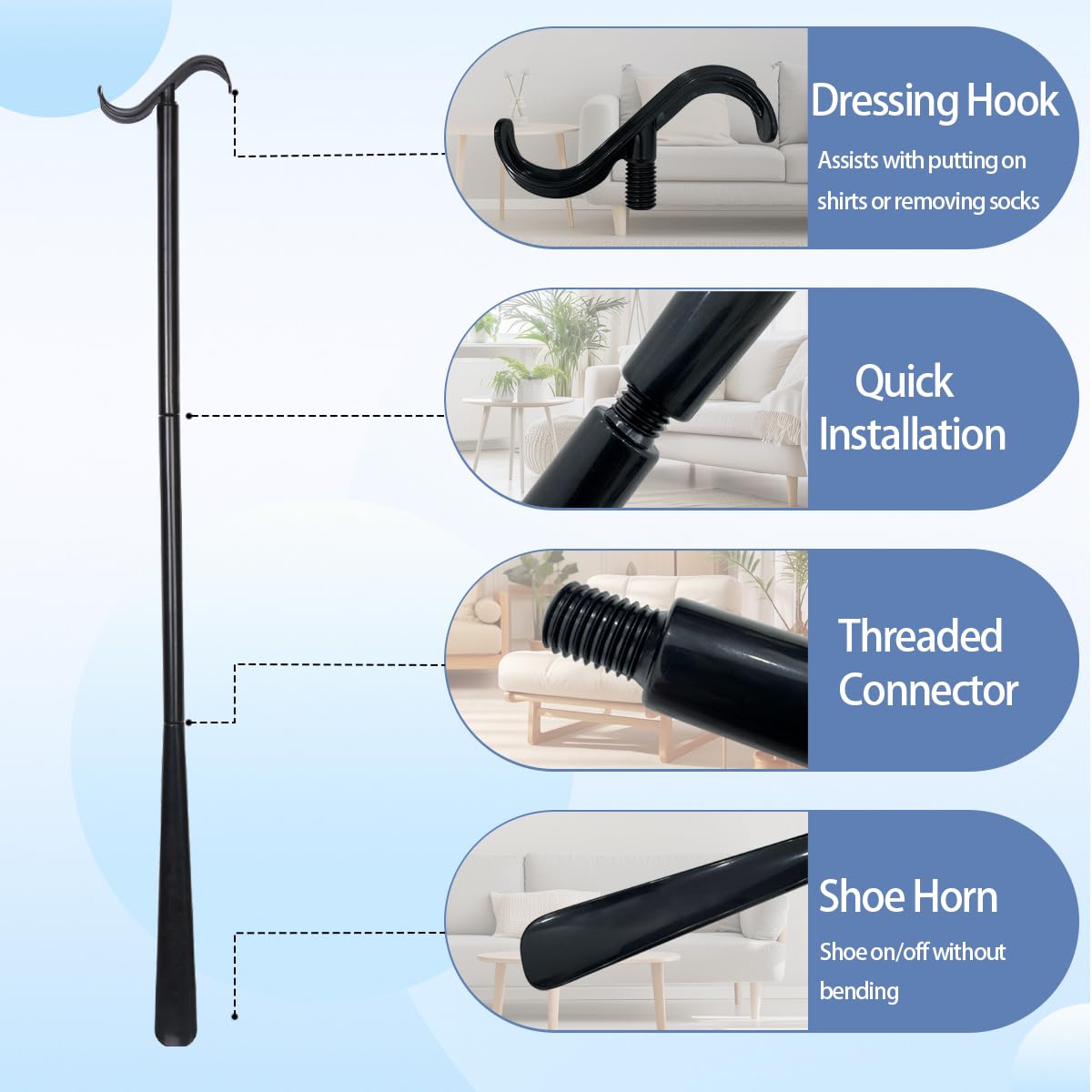 Bâton de pansement amovible de 88 cm avec chausse-pied réglable et outil de retrait de chaussettes – Aide à l'habillage extra long pour personnes âgées, personnes âgées pour mettre et enlever des