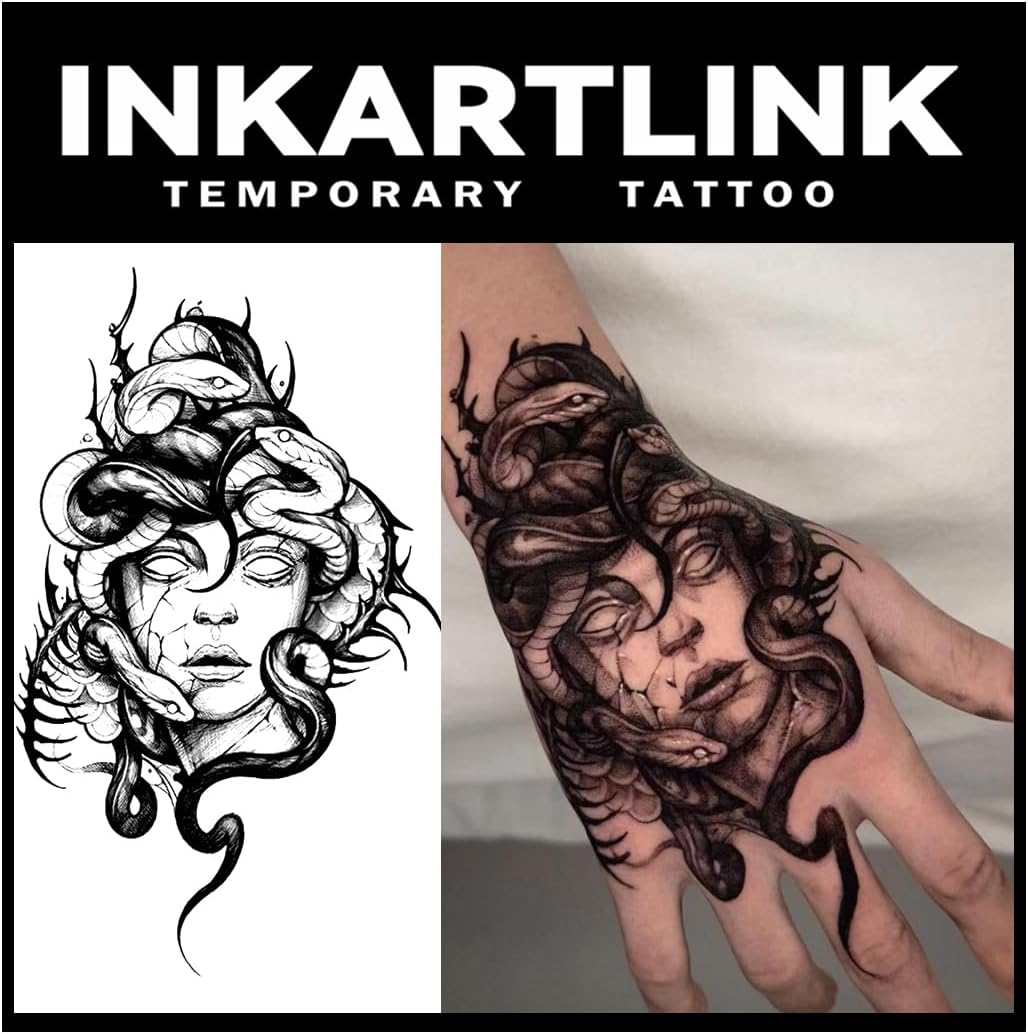 Tattoo Tech, 2 Sheets Extra Large Semi Permanent Tattoo, Adult Art Design Temporary Tattoos, Lasts 1-2 Weeks, Waterproof, Realistic Look, No Adhesive, No Reflection (Medusa)