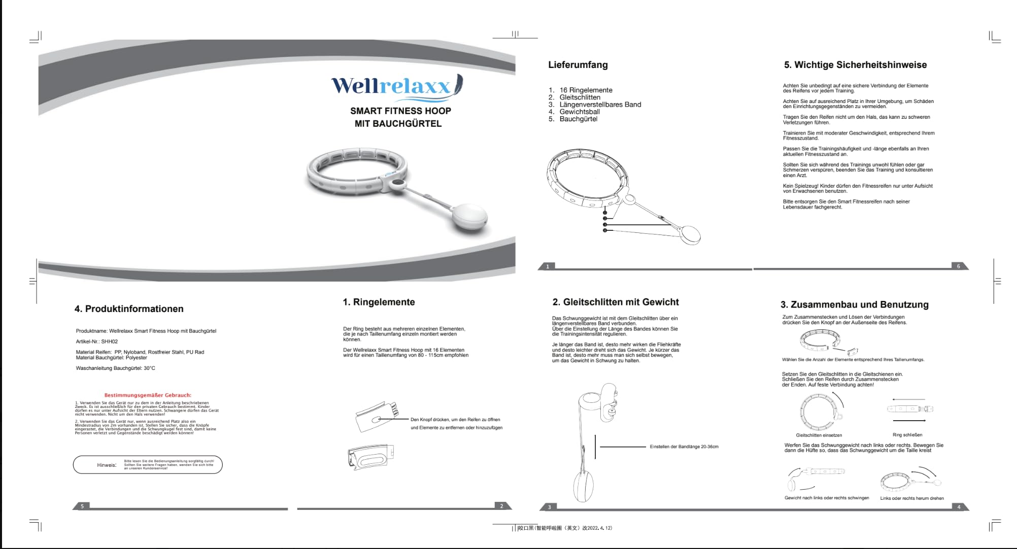 WELLRELAXX Smart Hula Hoop leise | bis 113cm Umfang | Hula Hoop Reifen Erwachsene | Hula Hoop mit Gewicht Kugel | Hullahub Reifen Zum Abnehmen mit Bauchweggürtel - schützt Haut und Kleidung