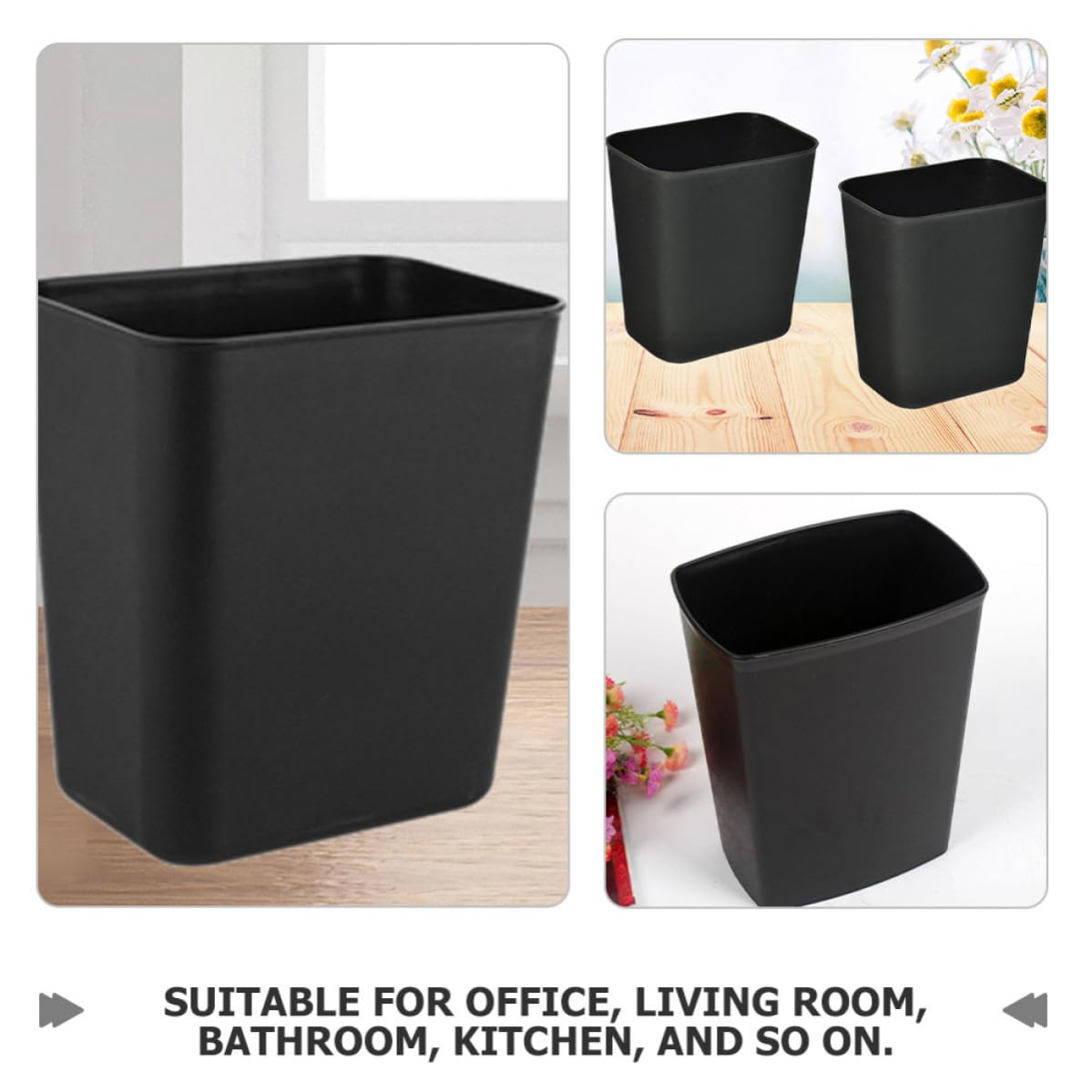 Mikinona Papelera para Dormitorio 14L sin Tapa 2Piezas ABS Negro para Hogar e Interiores