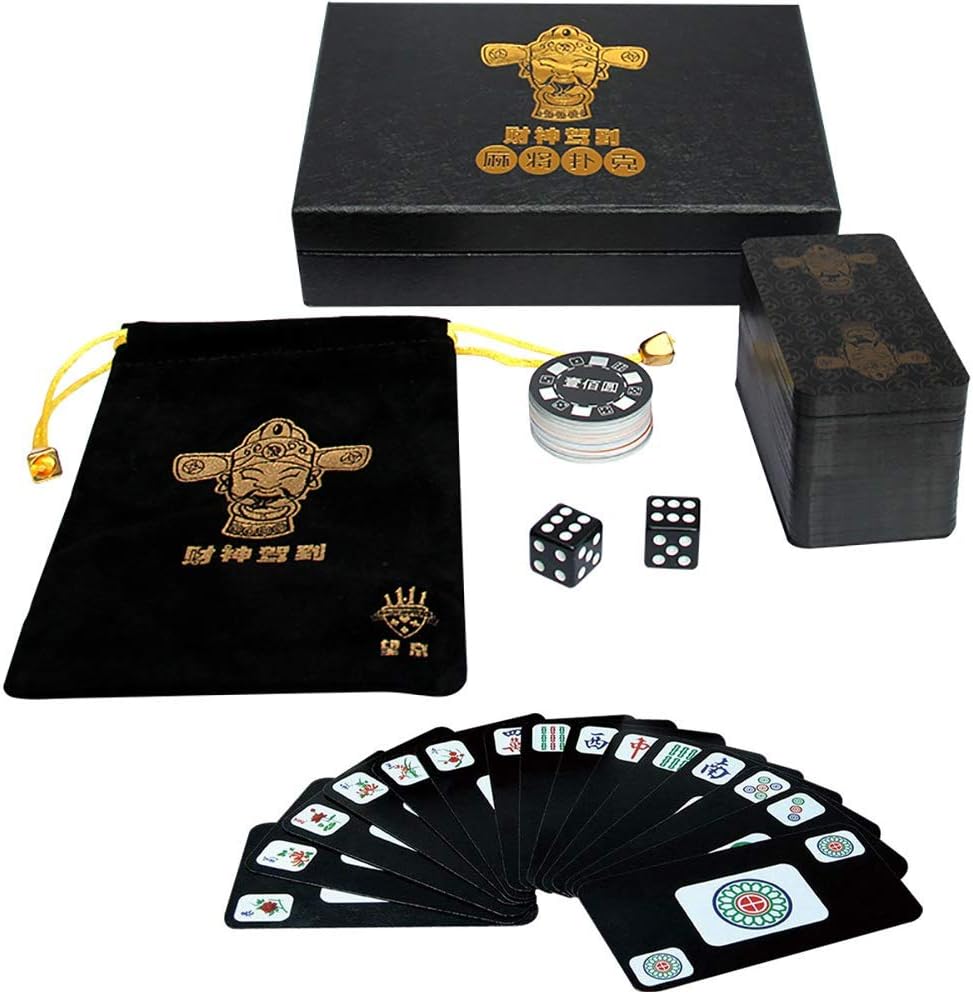 144 Cards Travel Game Set Accessories,Chinese Mahjong （Mah Jong, Mahjongg, Mah-Jongg, Mah Jongg, Majiang Playing Cards Game,Waterproof Mahjong Card (Black)