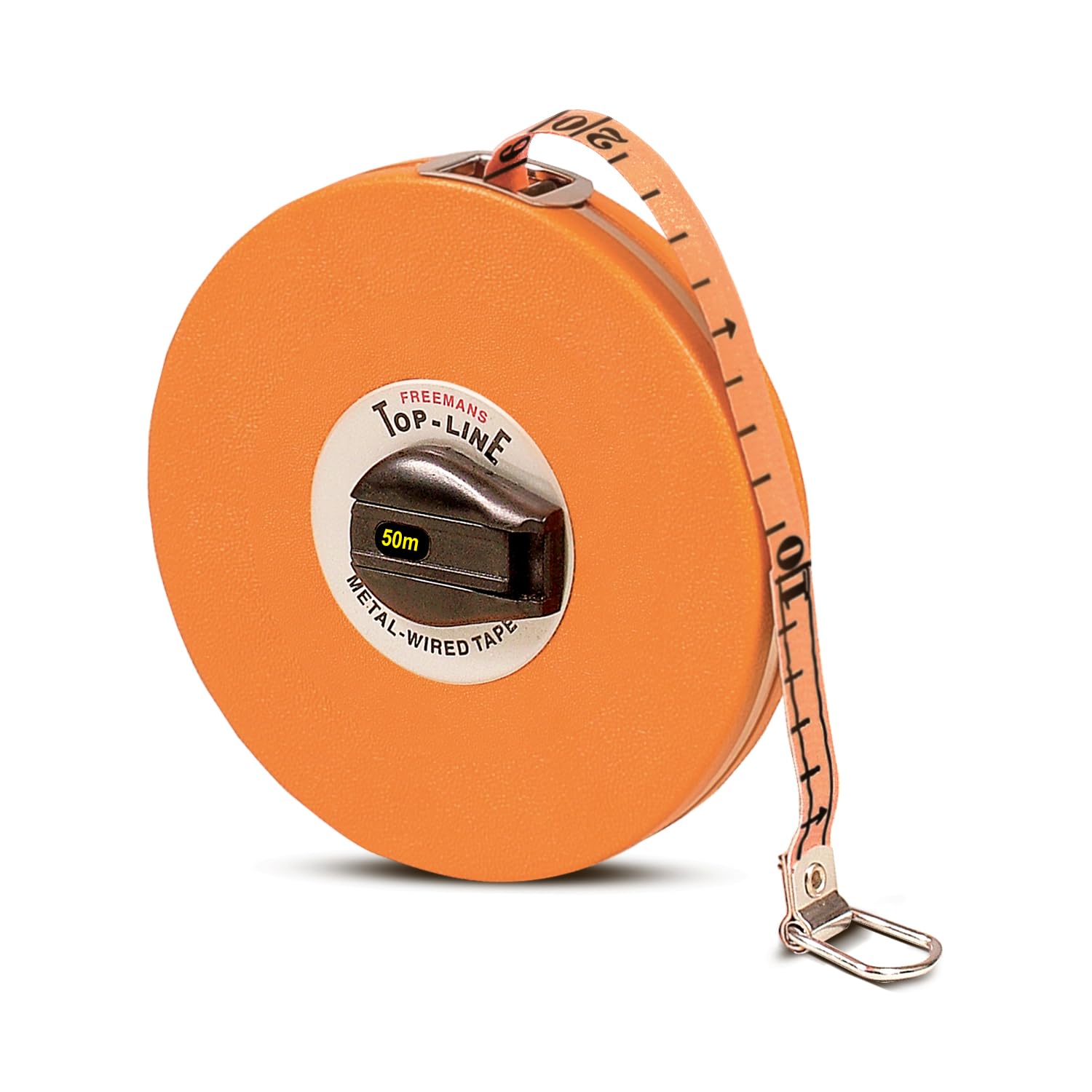 FREEMANS Top Line 50m:16mm Metal Wired Measuring Tape - 50m/165ft || Case Reinforced with Stainless Steel Band || Durable Winding Mechanism Handle and Stainless Steel Mouth with End Hook