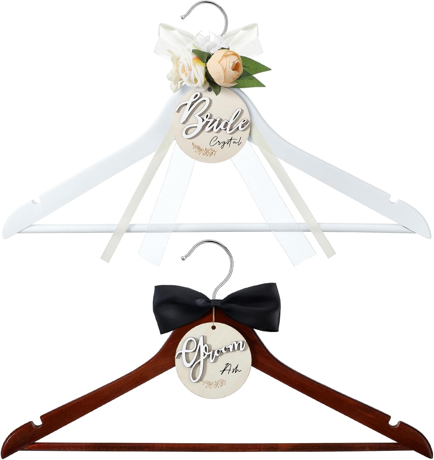 FillTouch 2 Pack Bride and Groom Wedding Hanger Set with Ribbon Bow Wooden Dress Suit Hanger Gift for Wedding Bridal Party Photo Decor(Black and White,Classic)