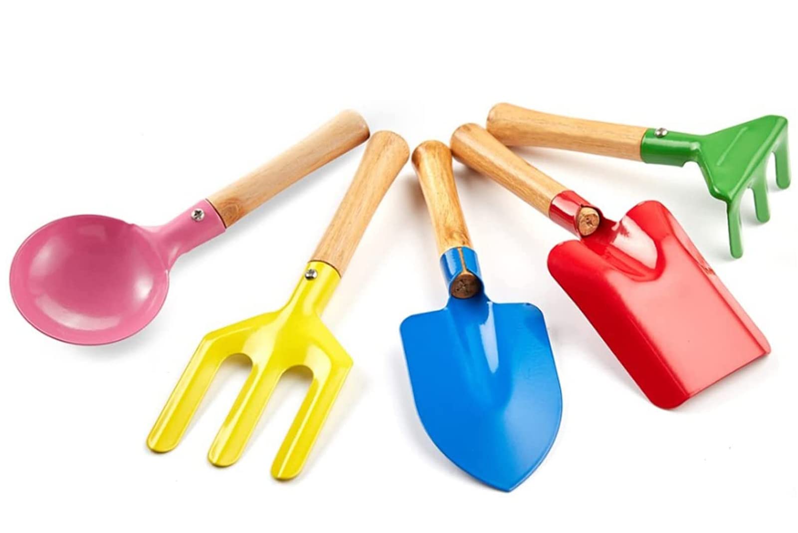 AptoperKids Gardening Tools Set, 8" Safe Beach Sandbox Toy Made of Metal with Sturdy Wooden Handle Gardening Equipment Fork, Trowel, Rake & Shovel for Children (5 Pcs)
