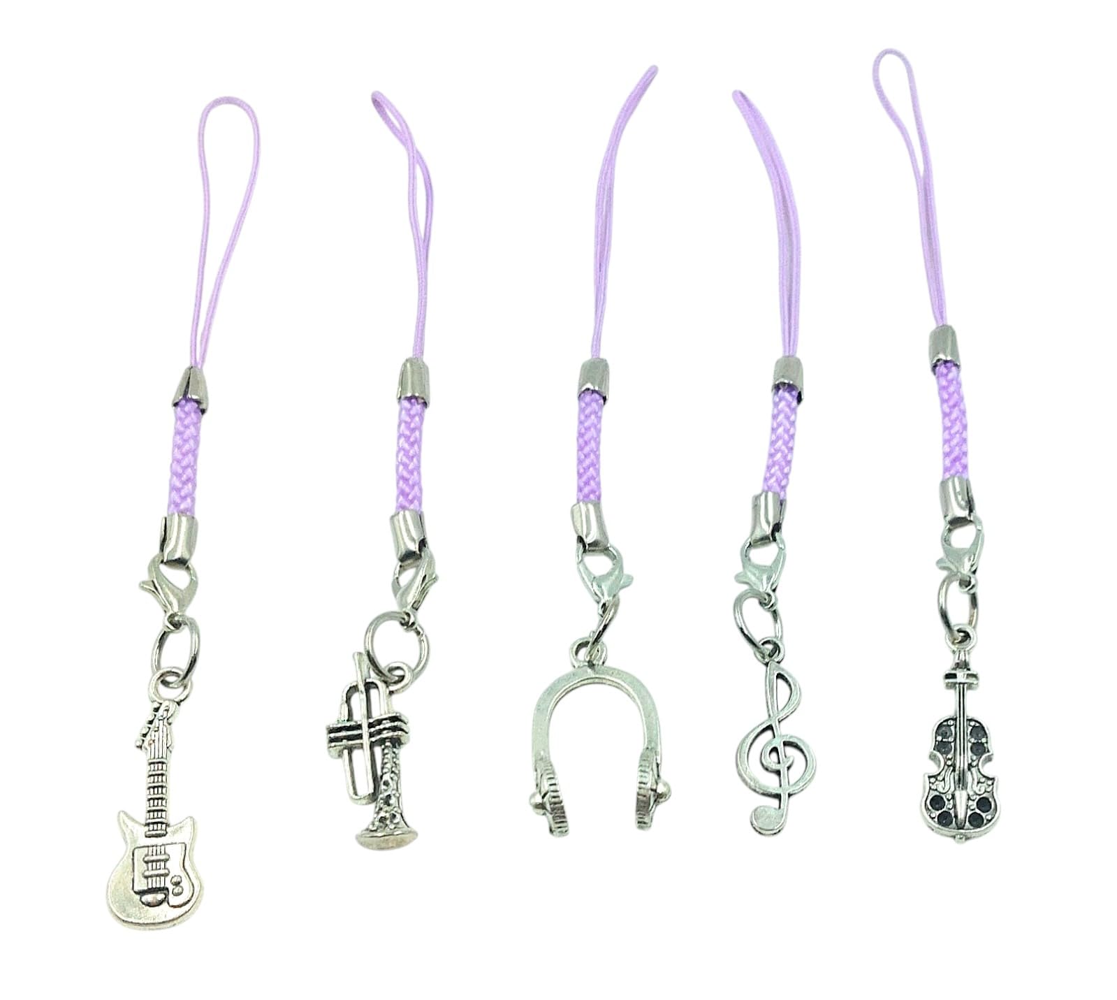 Set of 5 Music Theme Metal Phone Charm & Zip Puller (Purple) | Guitar, Violin, Trumpet, Treble Note & Headphone, Purple Braided Strap, Silver Tone Charms, For Musicians & Music Lovers-image-13