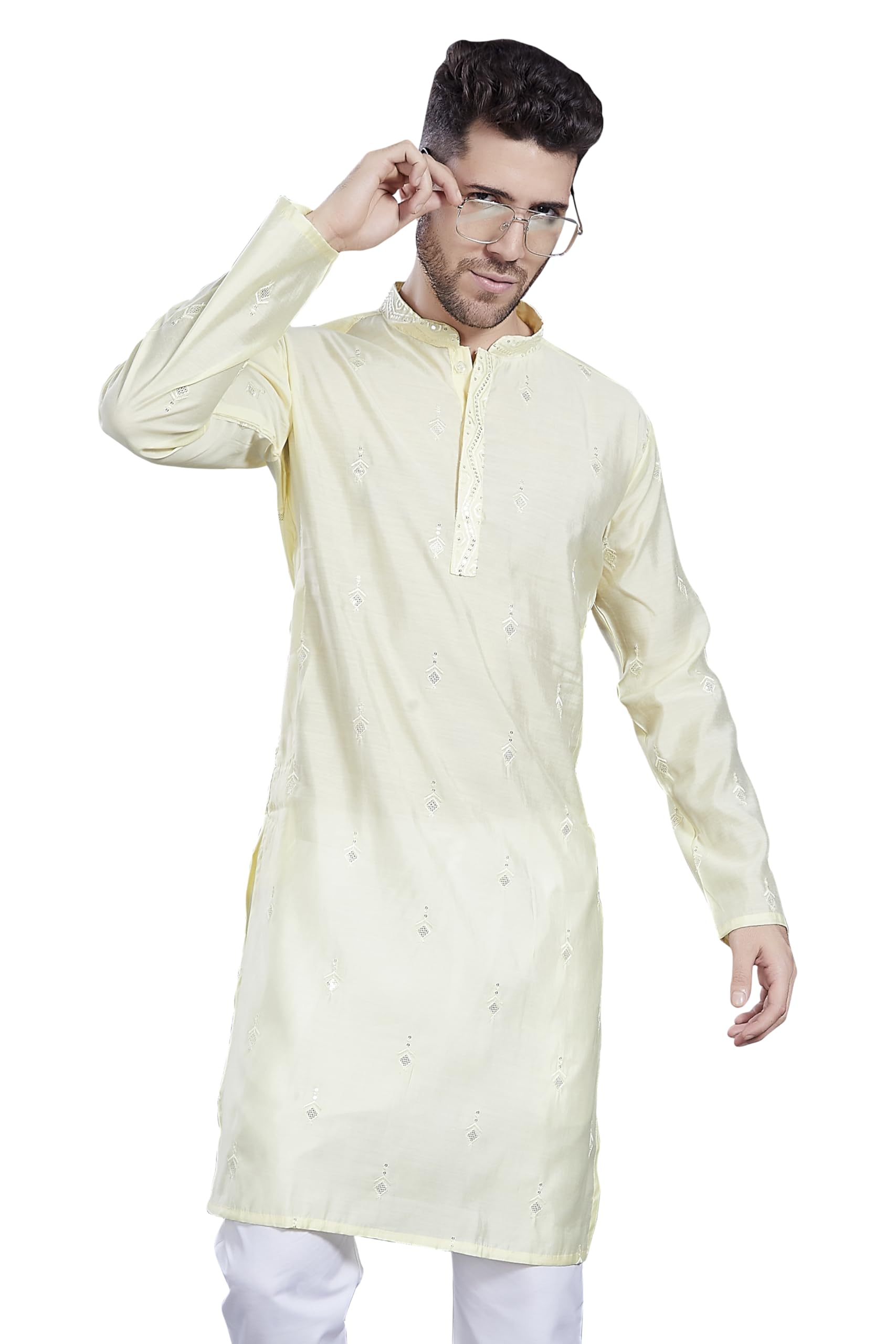 Divisive Men's Embroidered Silk Blend Only Slim Fit Kurta (Dkrt822_Xl_L Yellow)