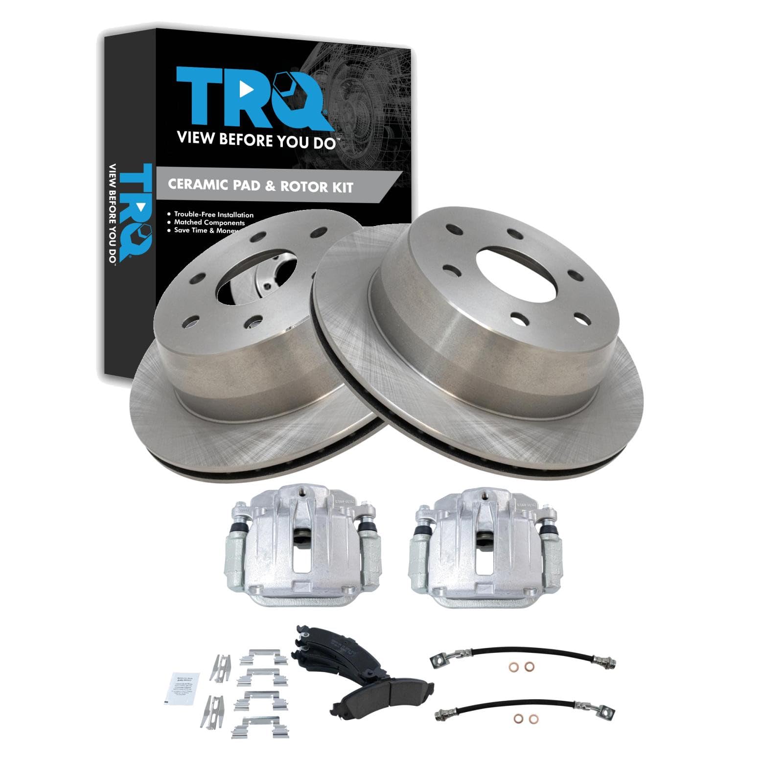 TRQ Rear Brake Pad and Rotor Set Ceramic Rotors Calipers Compatible with 2000-2001 Chevrolet Tahoe GMC Yukon