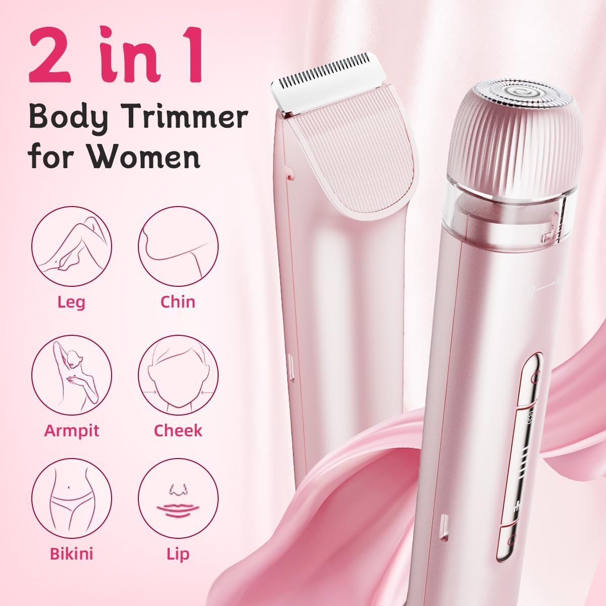 Recortadora de bikini para mujer, afeitadora eléctrica 2 en 1 para línea de bikini y áreas sensibles - Maquinilla de afeitar impermeable IPX7 para axilas, piernas, brazos, cuerpo y cara, recargable 2