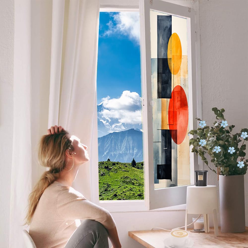 Vintage Muster Fensterfolie Hitzeblockierung Bunte Geometrische Bilder Privatsphäre Fenster Dekor Glastür Abdeckung Nicht Klebende Fensteraufkleber für Badezimmer Küche 90x160cm