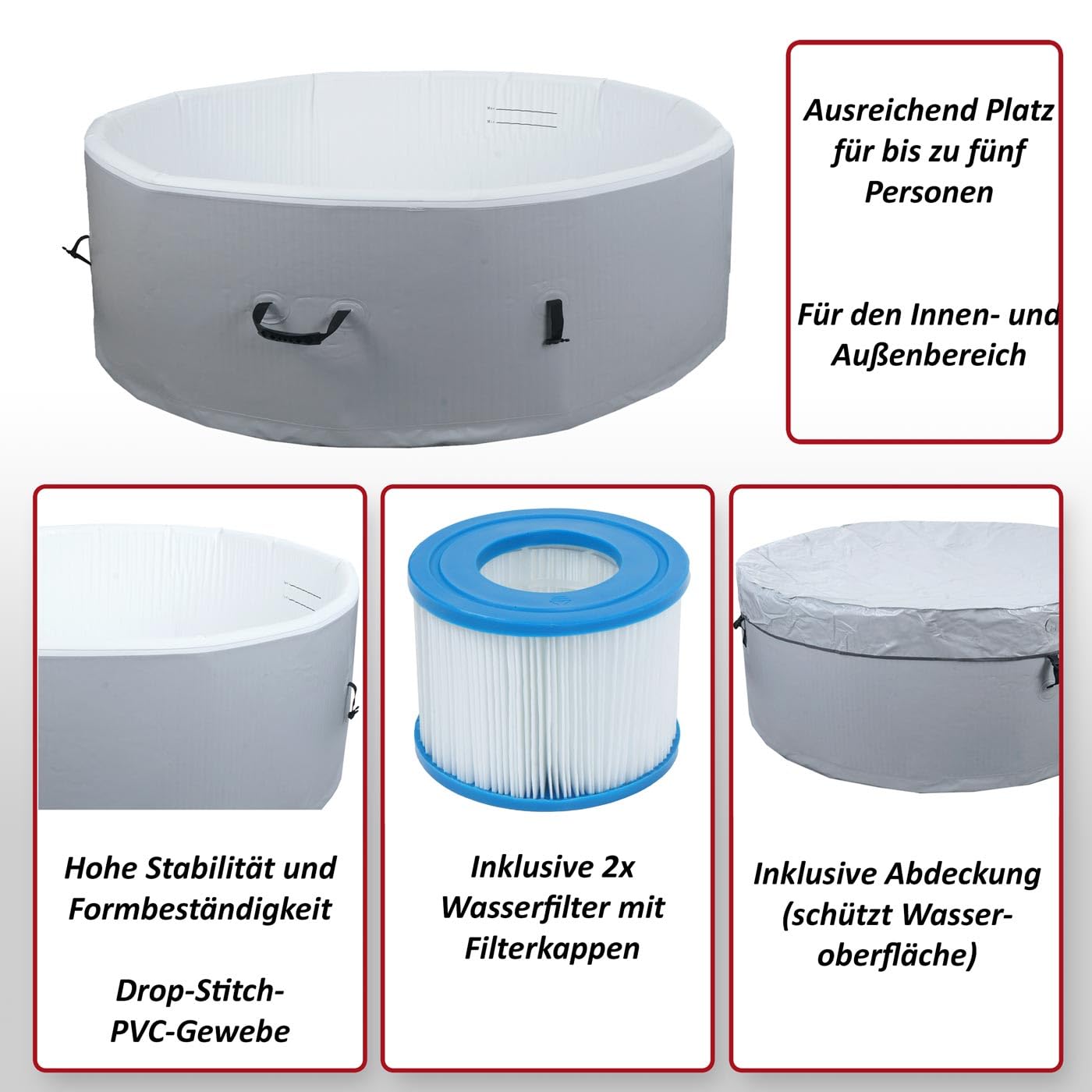 Mendler Whirlpool HWC-N97, Ersatz-Pool 5 Personen, In-/Outdoor aufblasbar Dropstitch-Gewebe, rund Ø180cm grau-weiß