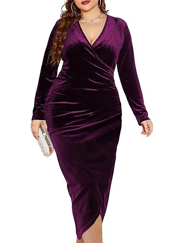 TINSTREE Womens Plus Size Long Sleeve Velvet Bodycon Dresses Sexy