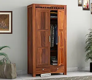 Wood World Furniture Sheesham Wood Wardrobe with 2 Drawer and 4 Shelves Storage for Bedroom Wooden Almirah for Clothes for Living Room Bedroom Home, Solid Wood Furniture (Honey Finish)