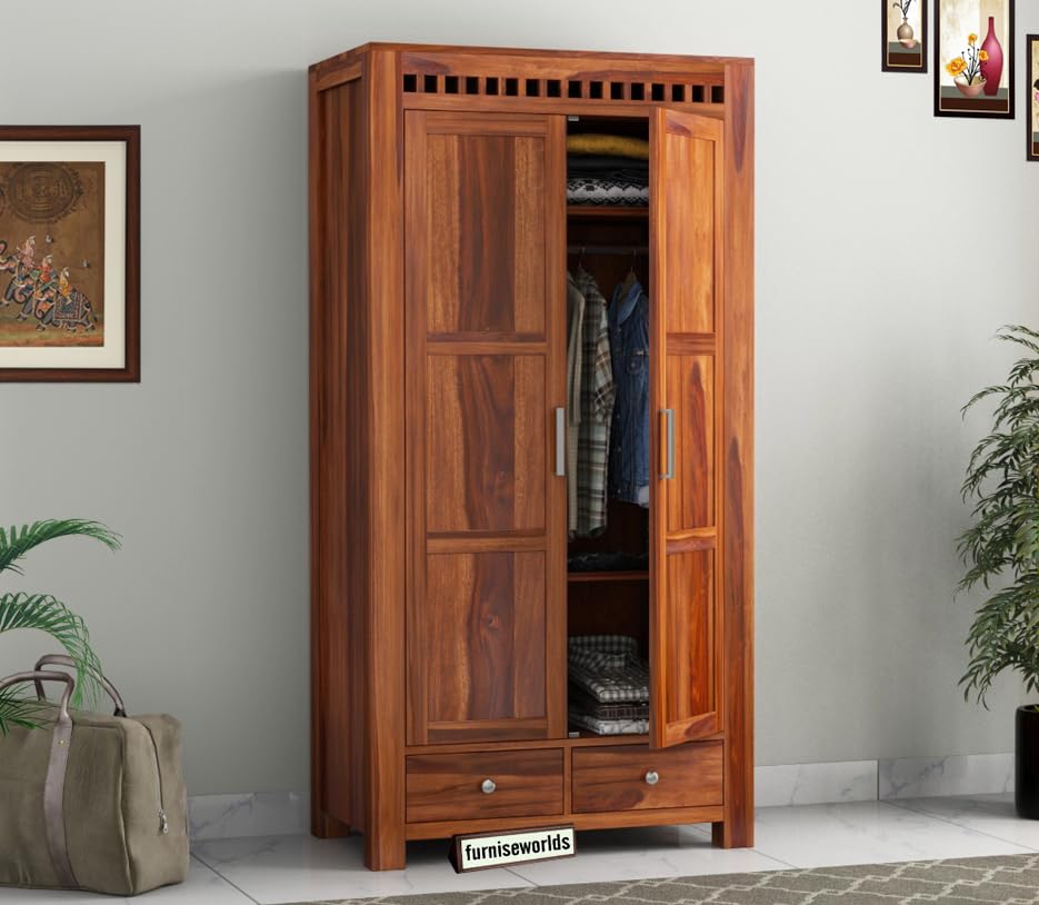 Image of Sheesham Wood Wardrobe with 2 Drawer and 4 Shelves Storage for Bedroom Wooden Almirah for Clothes for Living Room Bedroom Home, Solid Wood Furniture (Honey Finish)