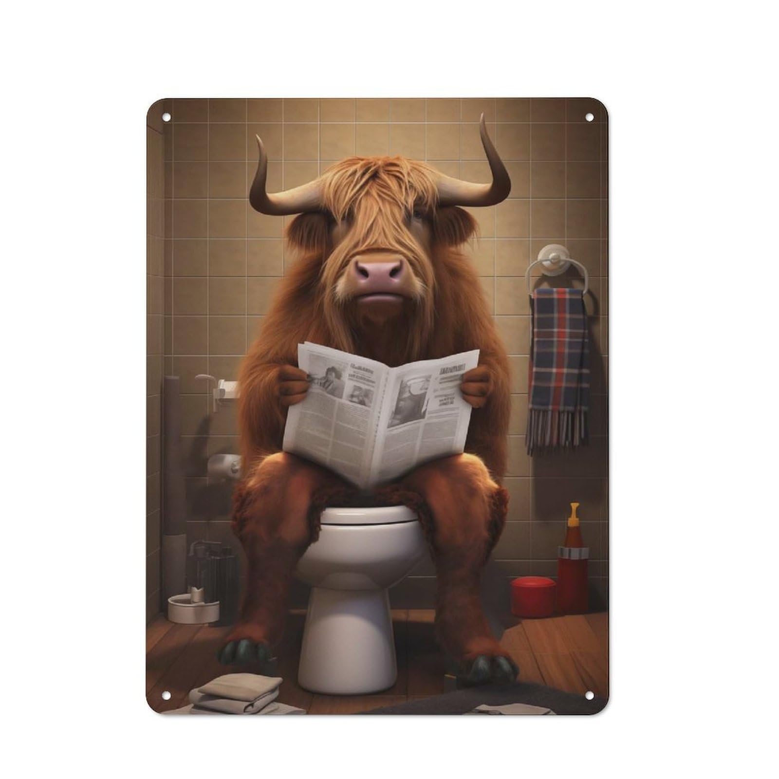 Junmoney Highland Cow On The Toilet Warehouse Style Metal Wall Decor 40X30cm, Industrial Metal Sign For Workspace, Cafe, Hallway Or Garage