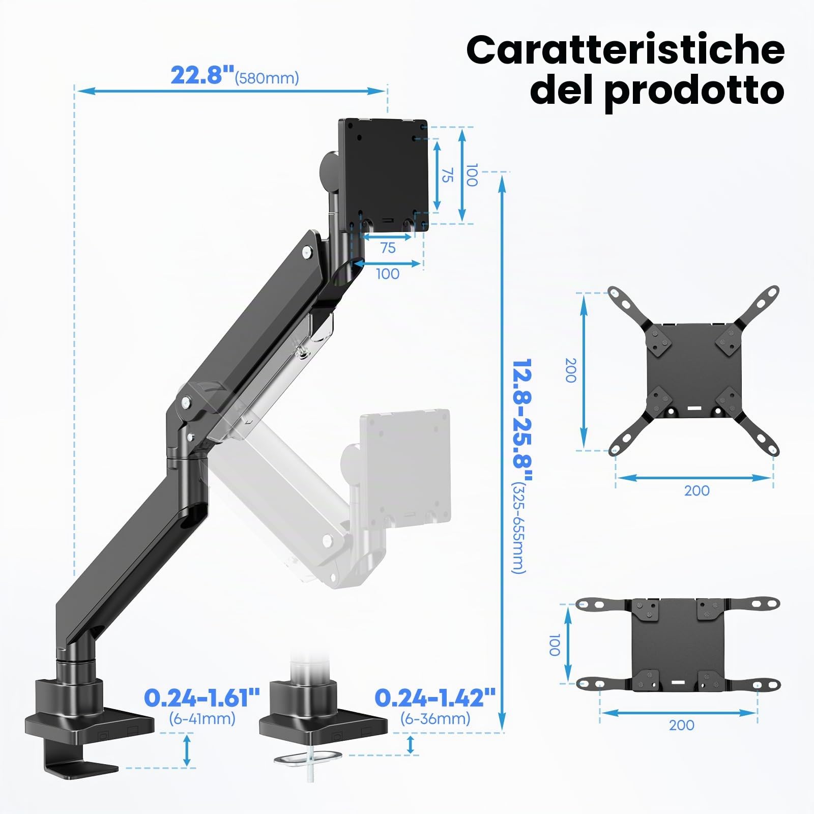 PUTORSEN Braccio Monitor per 17-57 pollici monitor e TV, fino a 27 kg, supporto monitor scrivania in alluminio di qualità superiore con molla a gas, piastra di rinforzo, VESA max fino a 200 x 200mm