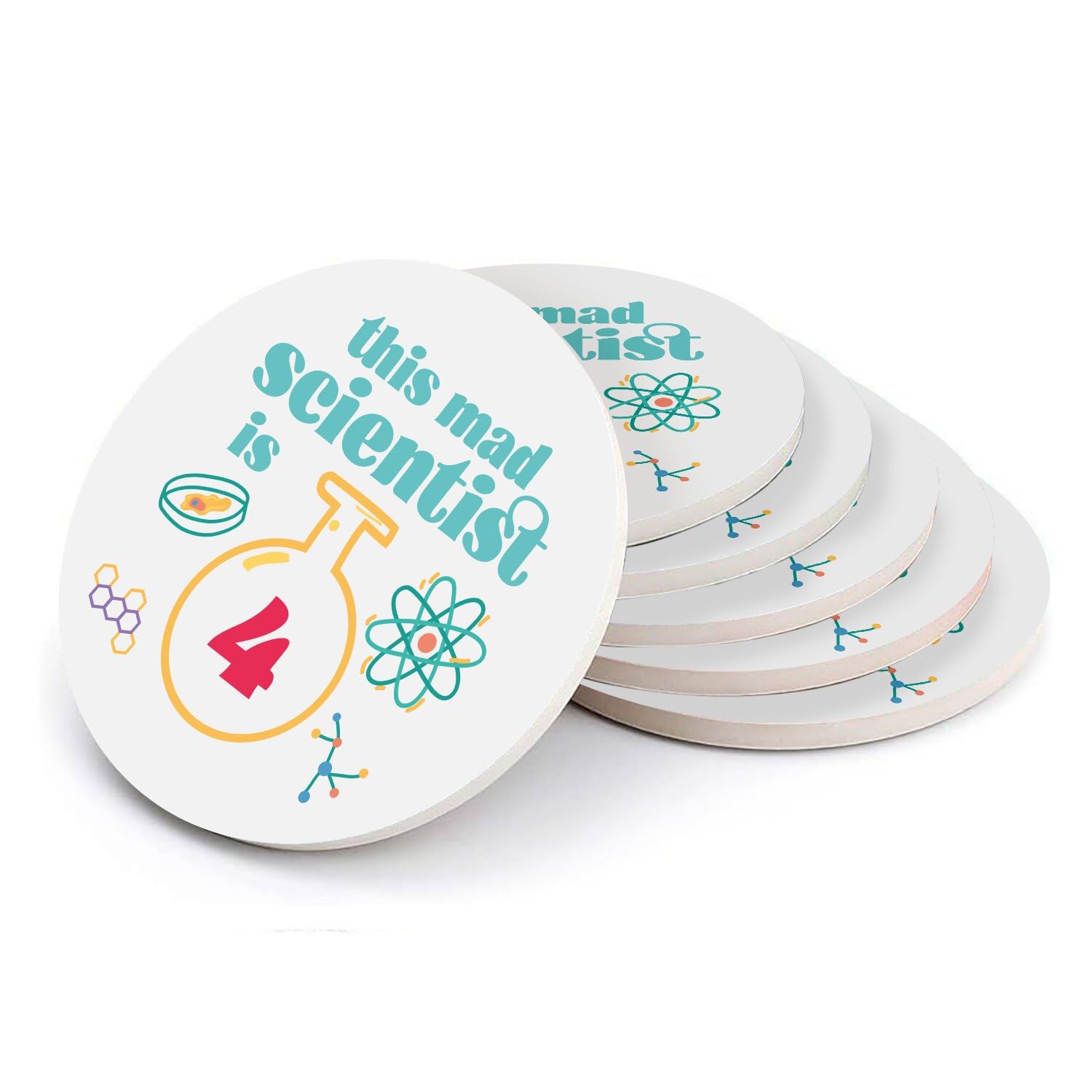 Sous-verres ronds en céramique Mad Scientist le cadeau d'anniversaire parfait thème science lot 6