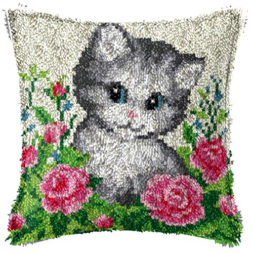 Image of Flowers Cat Latch Hook Pillow Kits for Adults Beginners Pre-Printed Cushion | Home Sofa Cushion Cover Preprinted Canvas Crochet Yarn Kits Needlework Crafts Festival Gift for Adults Beginner 17X17 Inch