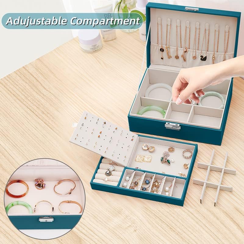 Jewellery Box for Women, Mamowla Jewellery Boxes 2 layers Jewelry Storage Organiser for Necklace Earrings Bracelets Rings, Large PU Leather Jewelry Storage Case for Girls and Women, Green