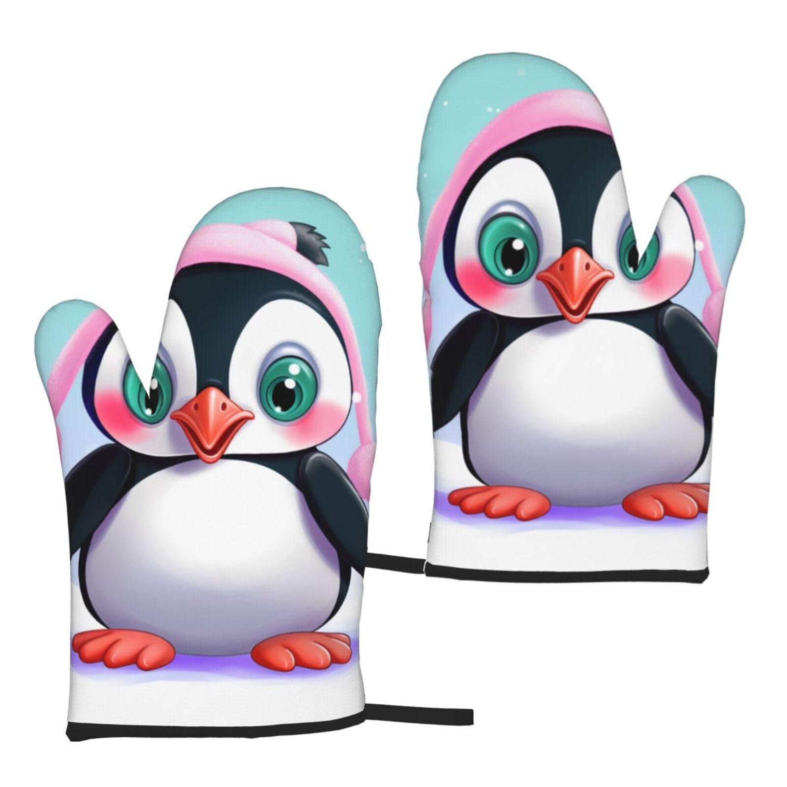 Cute Penguin Printed Oven Mitts Sets 2 PCS Heat Resistant and Non-Slip Glove Potholder for Kitchen Cooking Baking Grilling