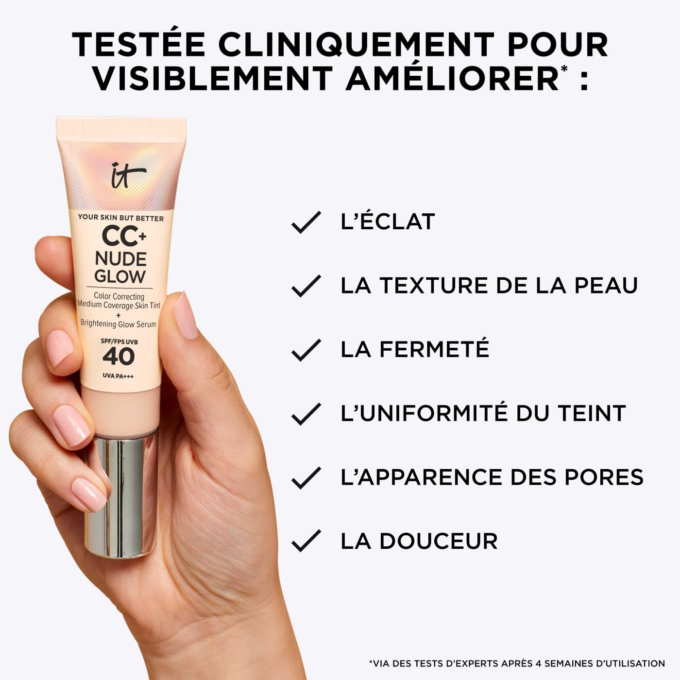 IT Cosmetics Crème CC+ Nude Glow, Couvrance Moyenne, SPF40, Fini Naturel