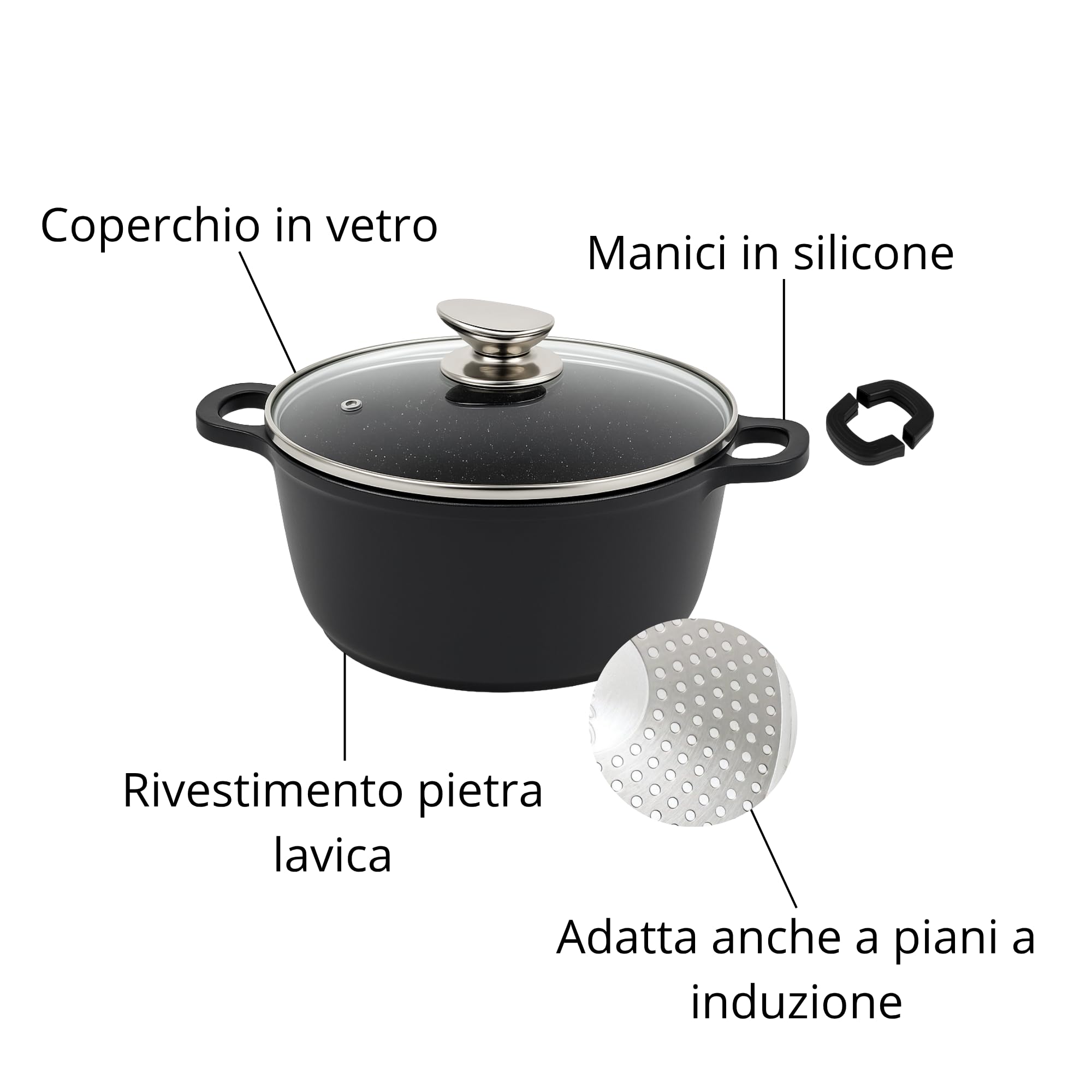Set di Pentole 22 Pezzi Antiaderenti con Bistecchiera Batteria di Pentole e Padelle con Coperchi in Vetro, Manici Removibili, Mestoli e Accessori in Silicone Per Tutti i Piani di Cottura, Induzione