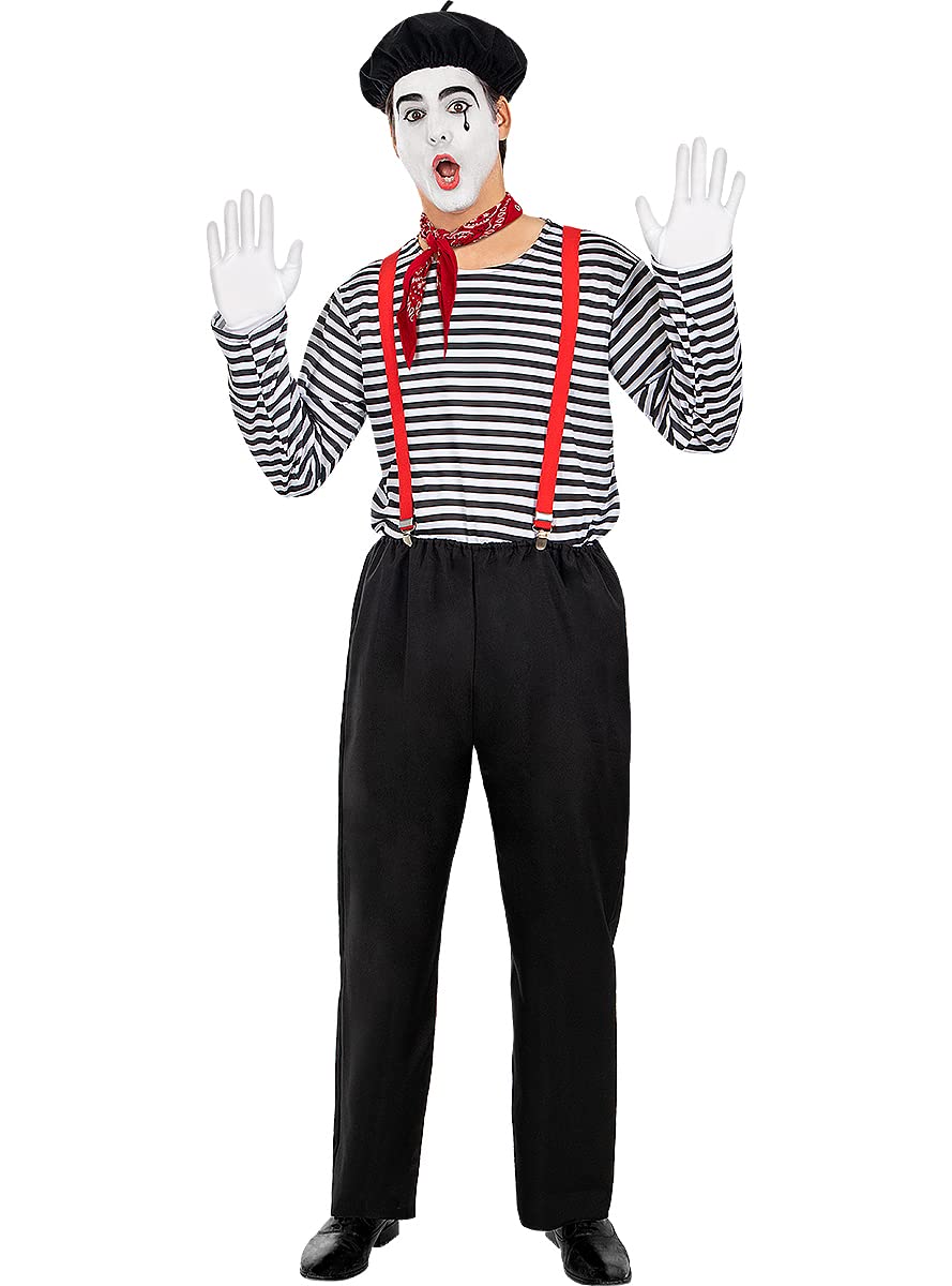 Funidelia | Disfraz de mimo para hombre Payaso, Circo - Disfraz para adultos y divertidos accesorios para Fiestas, Carnaval y Halloween - Talla S - M - Negro