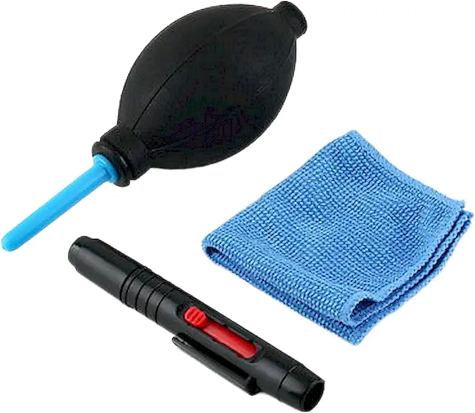 Kit de Limpeza de Lentes de Câmeras 3 em 1 com Bombinha Soprador, Caneta Pincel e Paninho Microfibra