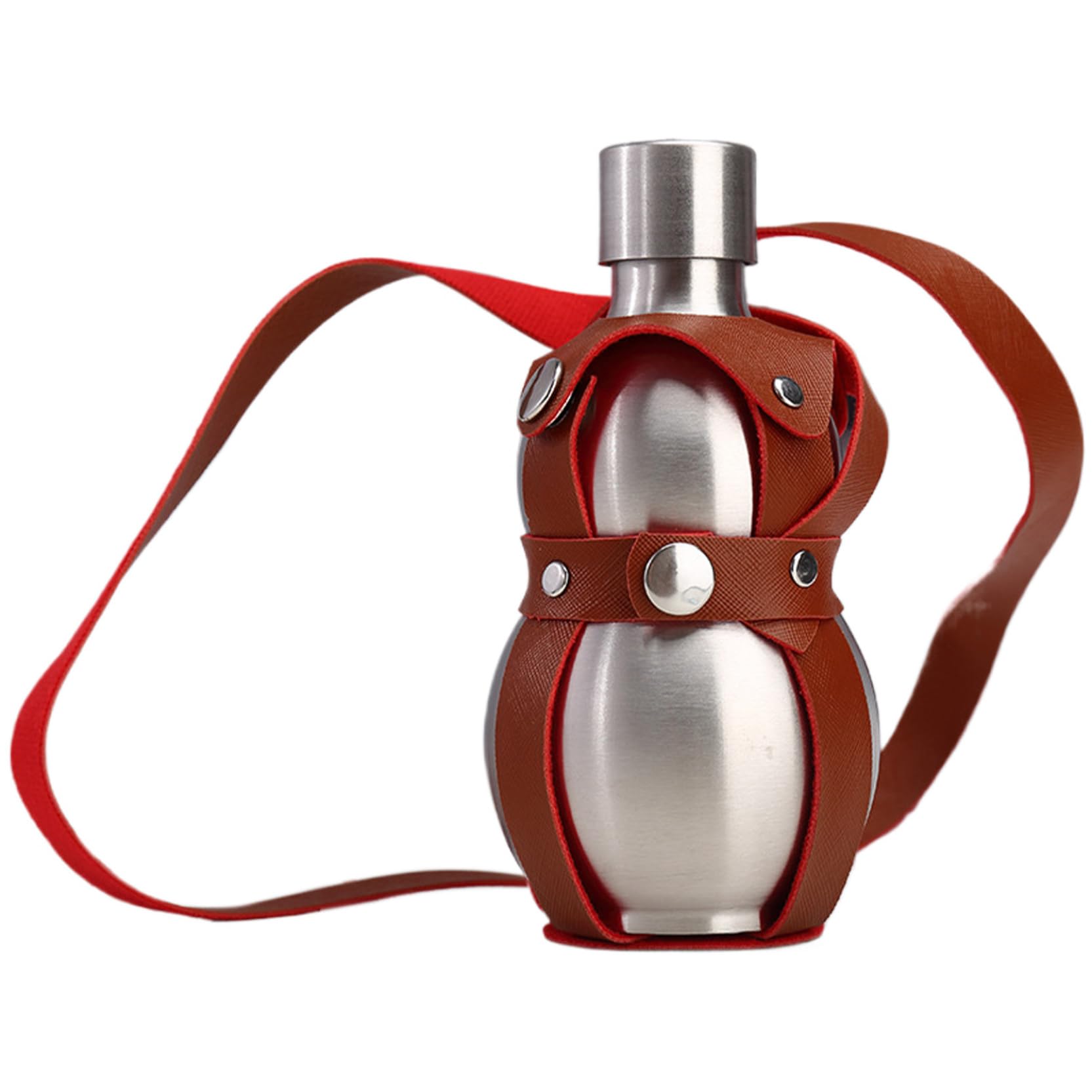 Ameble 18 Oz Stainless Steel Gourd Water Bottle, Portable Drinking Gourd with Brown Strap, Bottle for Juice, Milk, Wine, Drinks, Travel Flask