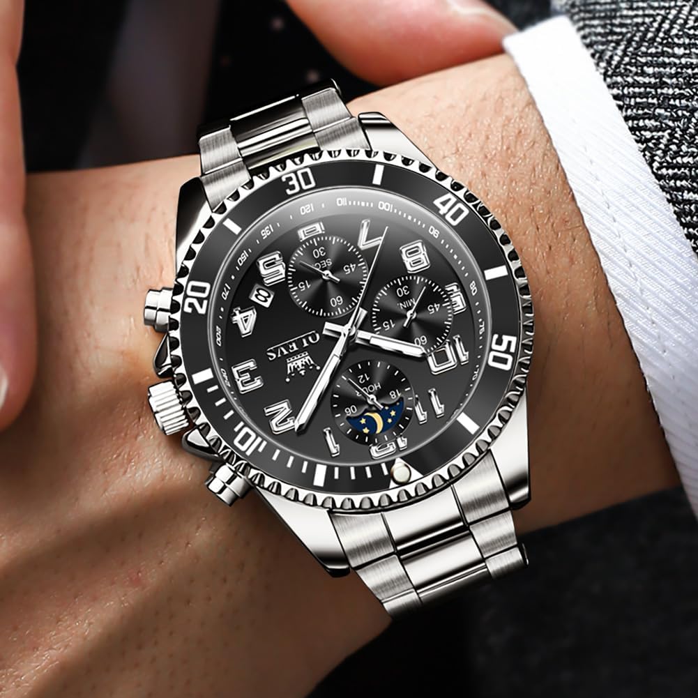 OLEVS Watches for Men Stainless Steel Classic Large Face Casual Dress Watches for Men, Luxury Waterproof Analog Quartz Mens Watch, Fashion Easy to Read Watch Mens, Blue/Black/Gold/Green Dial - Image 3