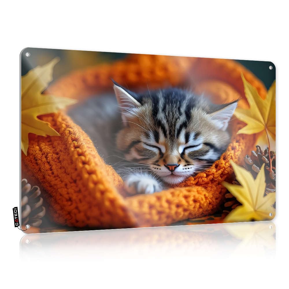 Tinplate Sign With Metal Western Decor Folded Edge - Vintage Retro No Trespassing Wall-mounted Mexican For Home | Unique Wall Living Room & A Sleeping Kitten In An Autumn-themed