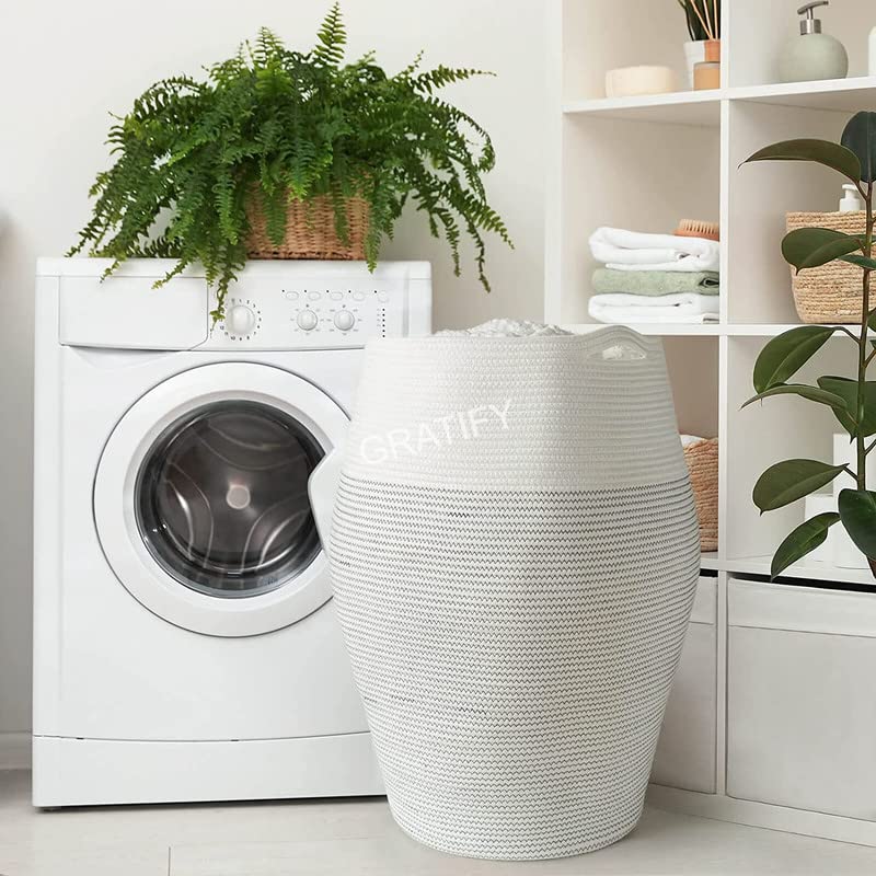 Image of GRATIFY Tall Laundry Hamper | Woven Jute Rope Dirty Clothes Hamper Modern Hamper Basket Large in Laundry Room, ( Black & White 18x 16 Inch)