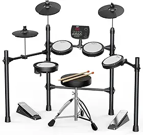 AiJoy Conjunto de bateria eletrônica para adultos e iniciantes, almofadas de malha silenciosas com 5 tambores e 3 pratos, caixa de zona dupla, USB MIDI, módulo de som, trono de bateria, fones de