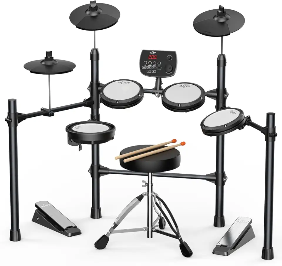 AiJoy Conjunto de bateria eletrônica para adultos e iniciantes, almofadas de malha silenciosas com 5 tambores e 3 pratos, caixa de zona dupla, USB MIDI, módulo de som, trono de bateria, fones de