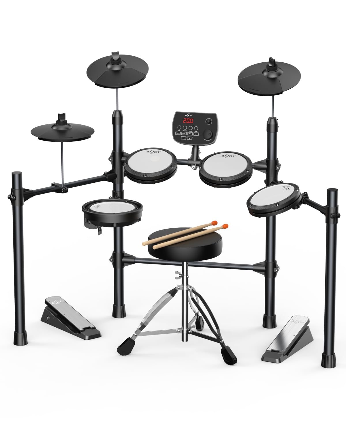 AiJoy Elektronisches Schlagzeug-Set für Erwachsene & Anfänger | Leise Mesh Pads mit 5 Drums & 3 Becken, Dual-Zone Snare, USB MIDI, Soundmodul, inklusive Drum Throne, Kopfhörer, Sticks