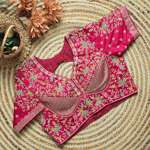 Image of Sangam Prints Women's Gracefull Pink Satan Silk Free Size Stitched Blouse with Traditional Embroidery Work